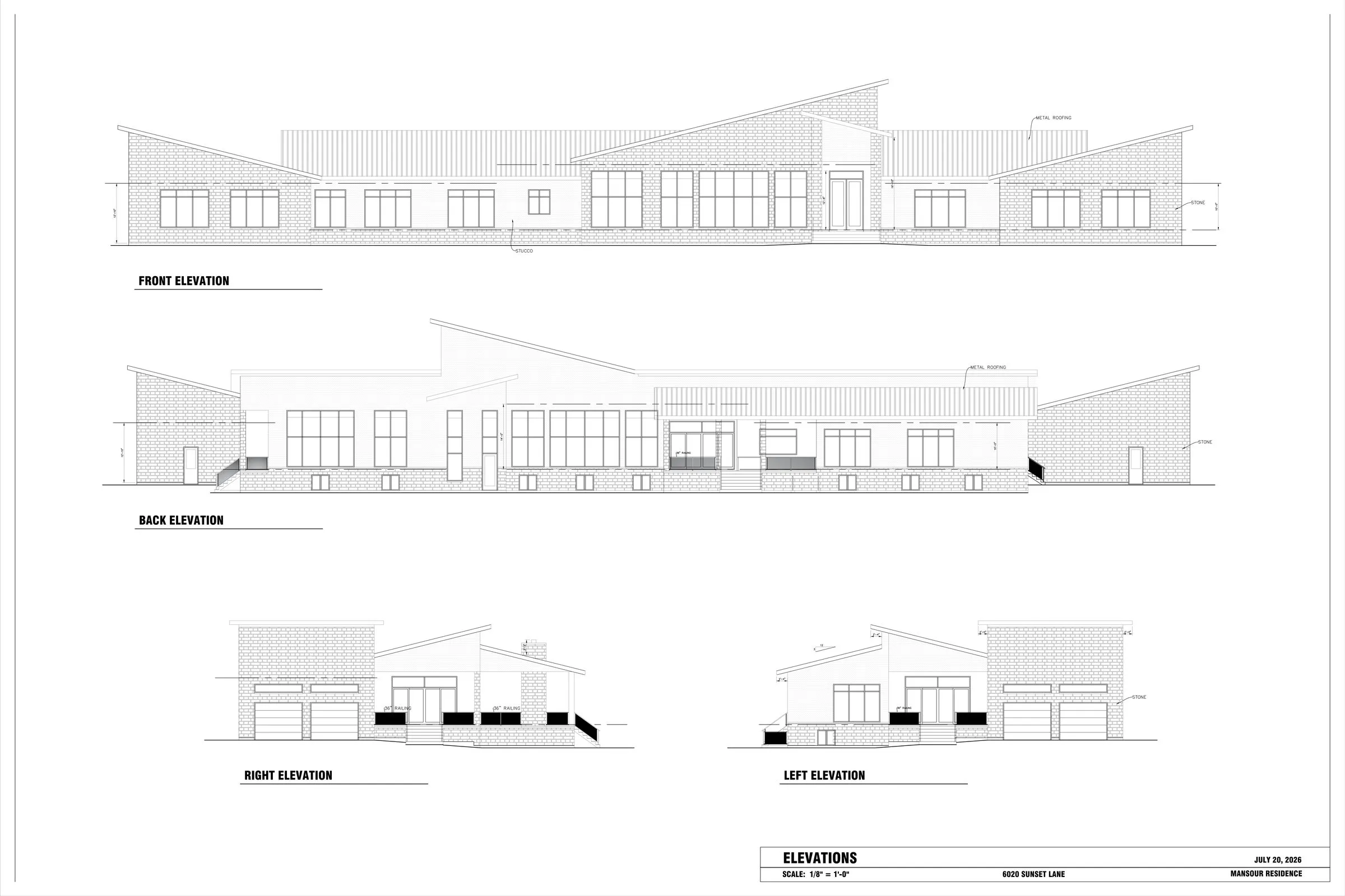 Front, back and side elevations of Mansour Residence showing stucco and stone finishes