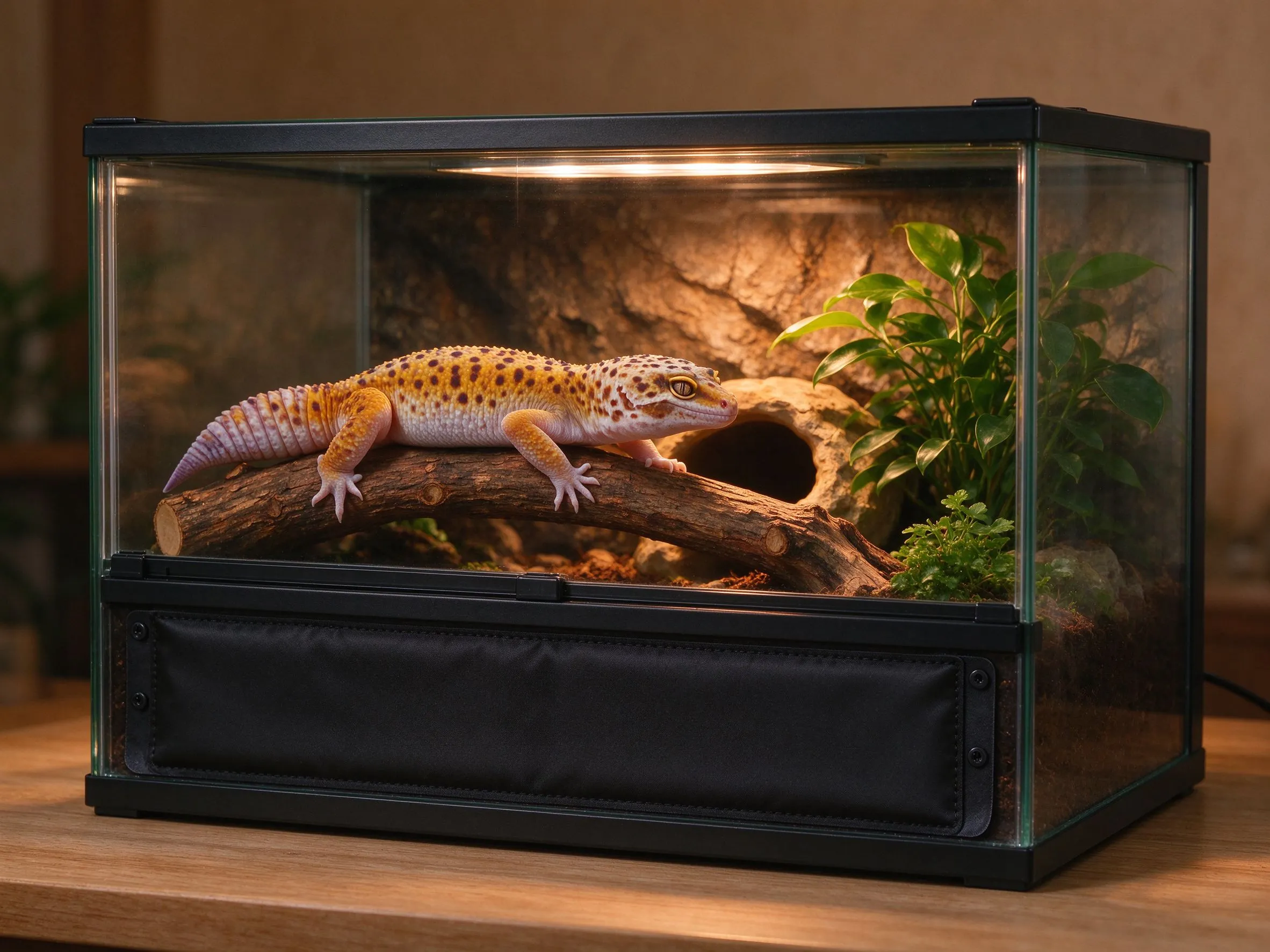 Gekon lamparci w obsadzonym terrarium z boczną matą grzewczą