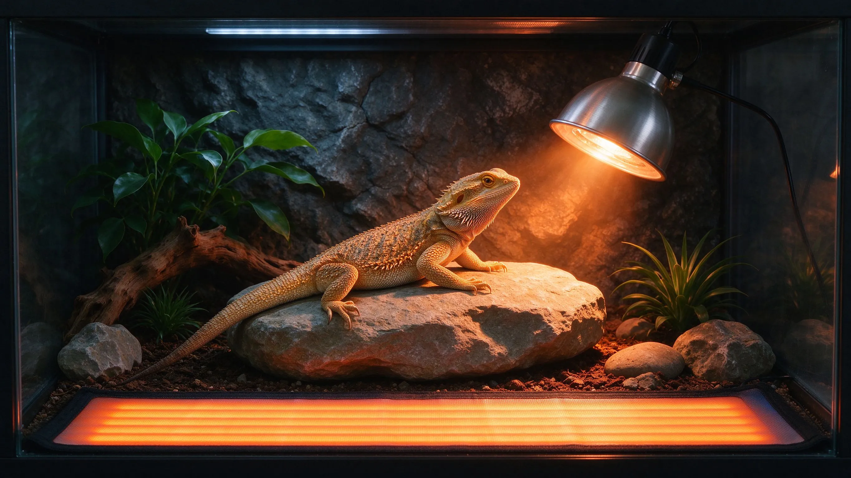 Agama brodata wygrzewająca się pod lampą grzewczą na gradiencie termicznym z matą grzewczą pod akwarium