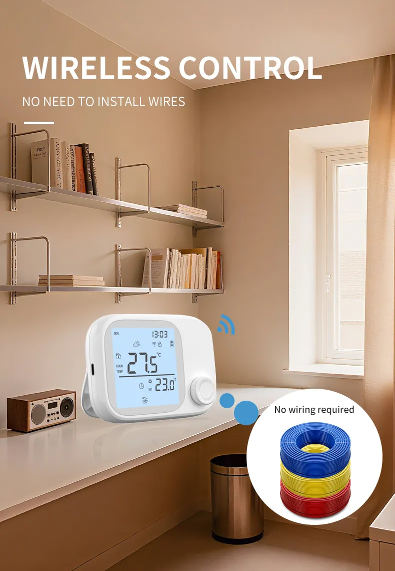 Wireless install concept: the room thermostat talks to the boiler receiver by RF, no wiring required
