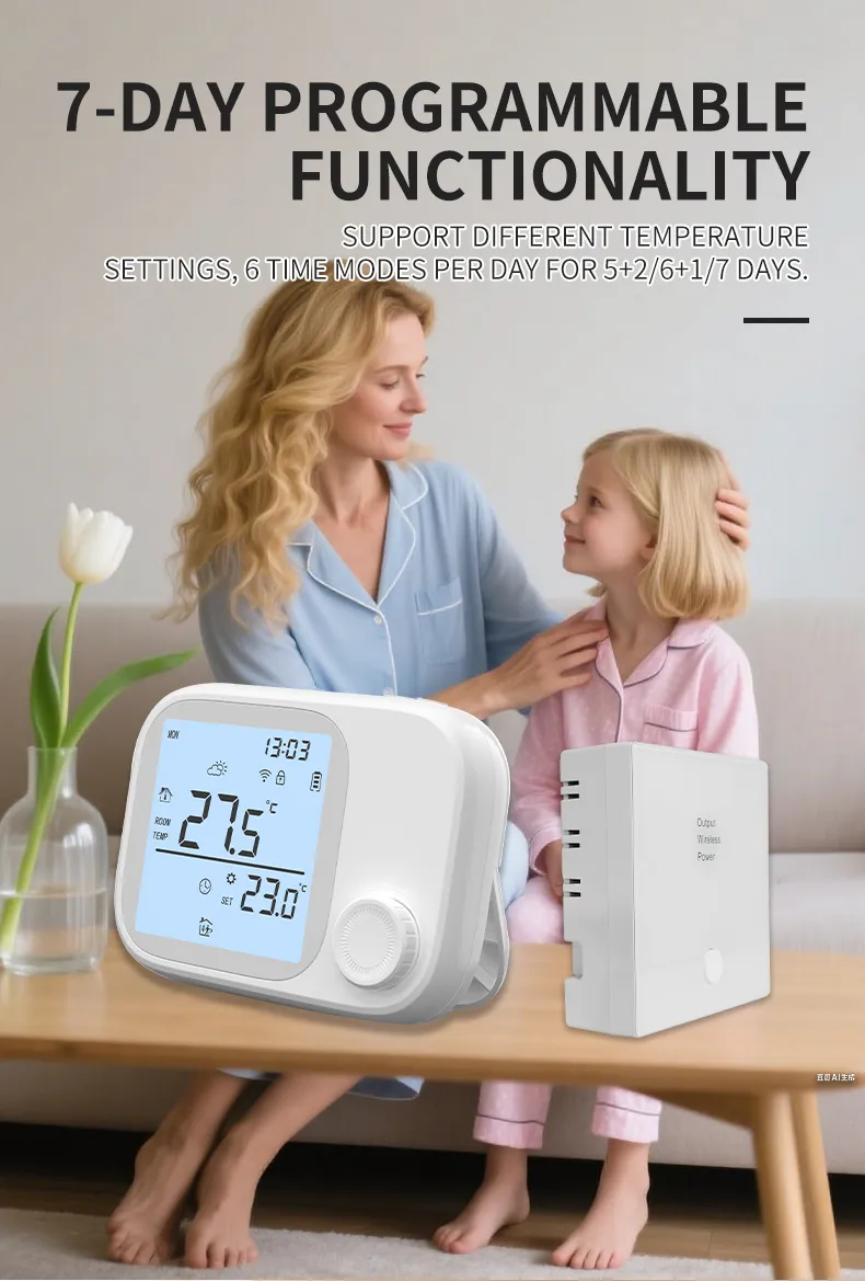 7-day programmable thermostat supporting 5+2, 6+1 or 7-day schedules, shown with the RF boiler receiver