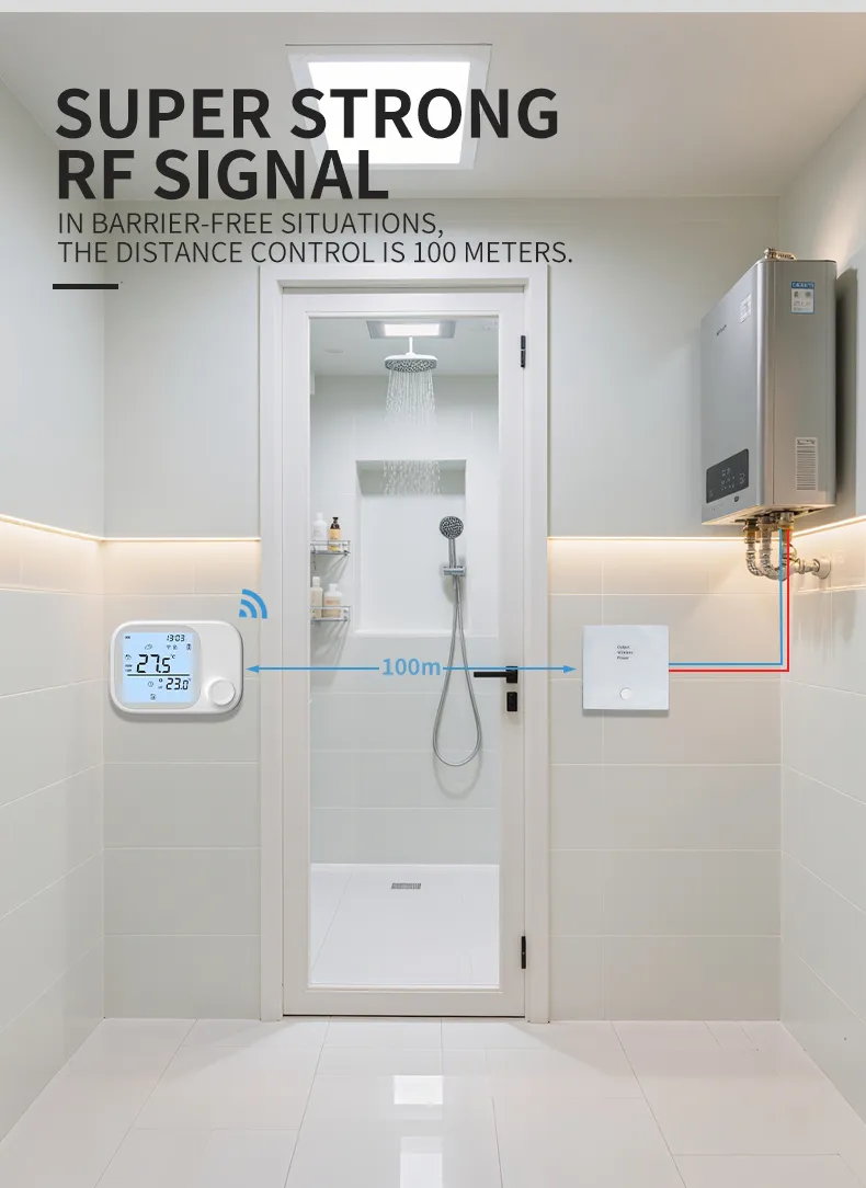 Strong RF link up to 100 m line-of-sight between the thermostat and the receiver wired to a wall-hung gas boiler