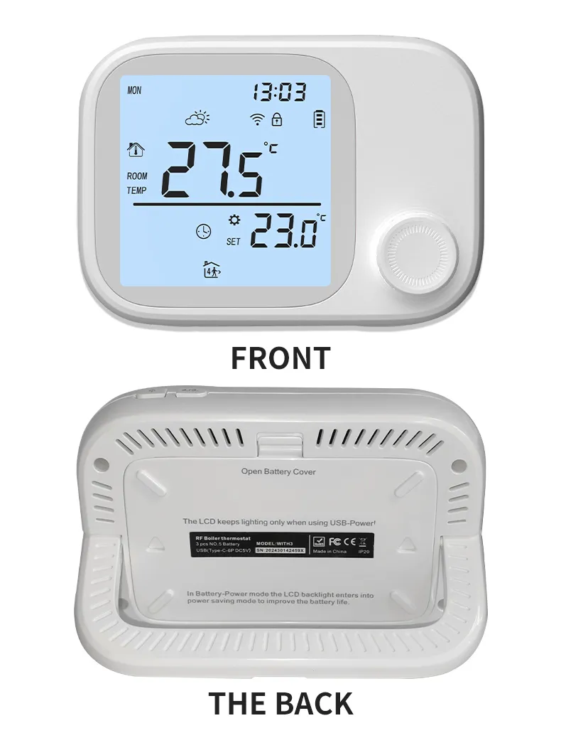 Front and rear of the thermostat; rear label shows RF Boiler thermostat, MODEL WITH3, 3× No.5 battery, USB Type-C DC5V, FCC and CE, IP20