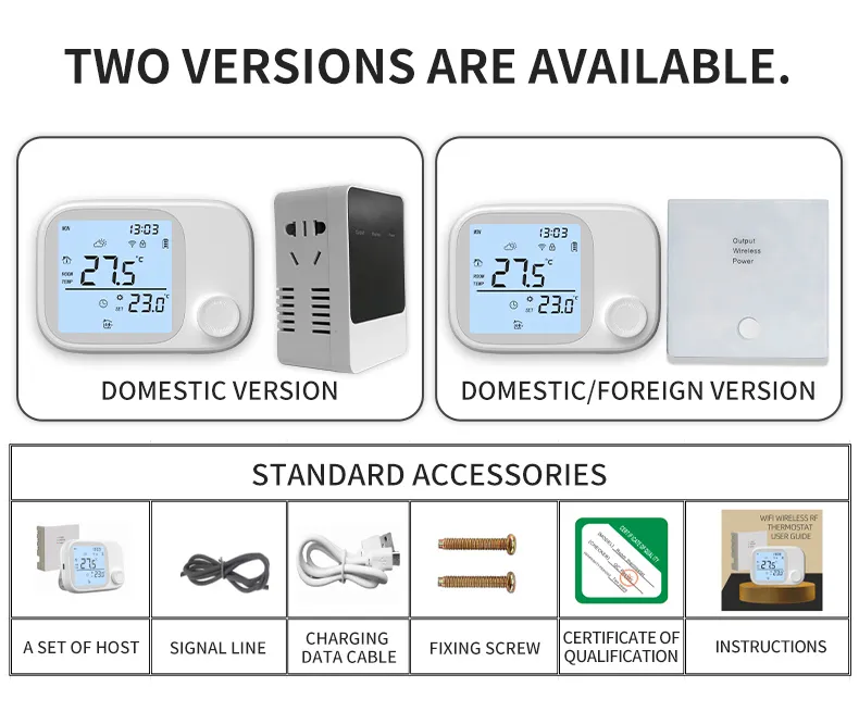 Two receiver versions (plug-in and wall-mounted) and standard accessories: host, signal line, USB cable, screws, certificate and user guide