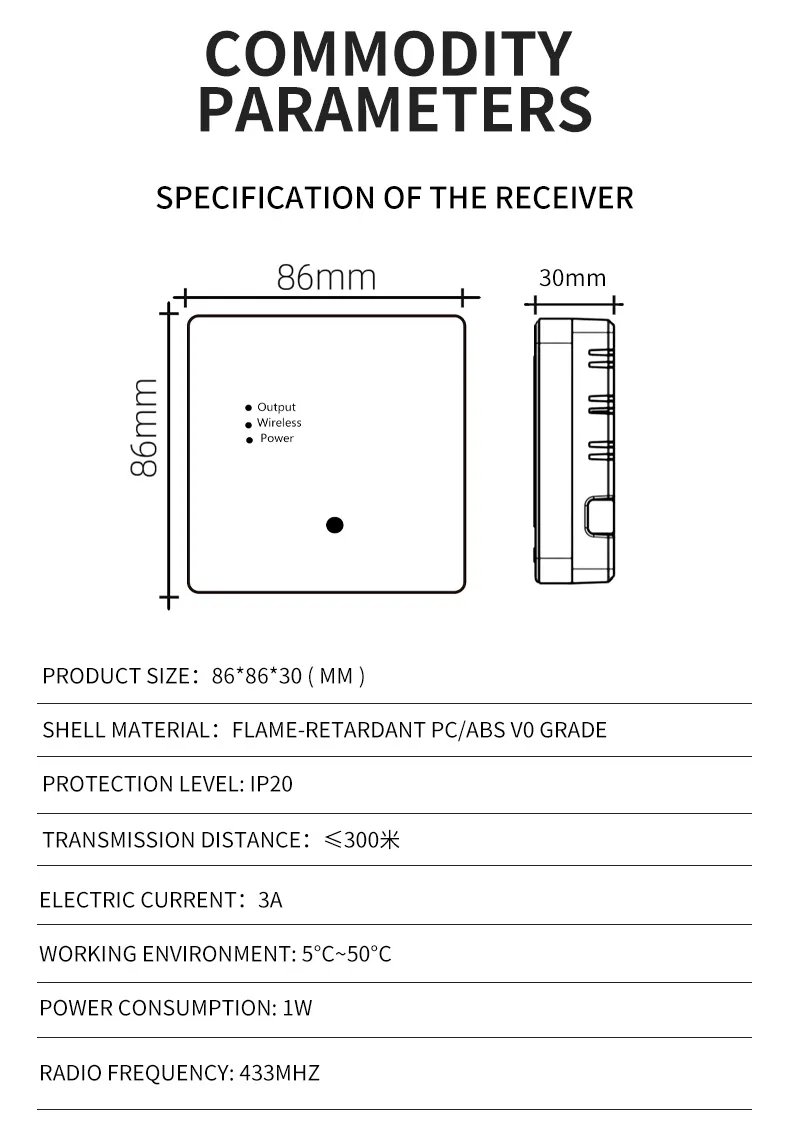 RF receiver specification: 86×86×30 mm, IP20, 3 A, 433 MHz, range up to 300 m, flame-retardant PC/ABS V0
