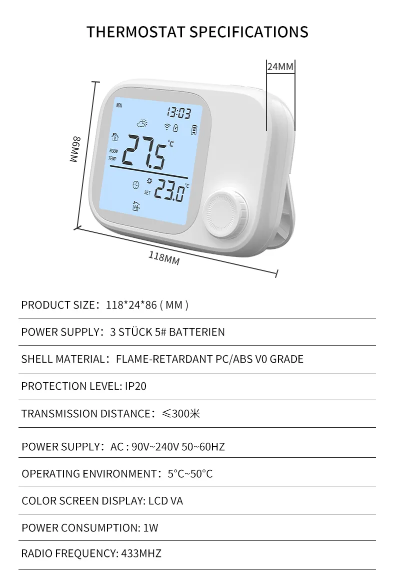 RF thermostat specification: 118×86×24 mm, 3× AA batteries, AC 90–240 V 50/60 Hz, 433 MHz, LCD VA, IP20