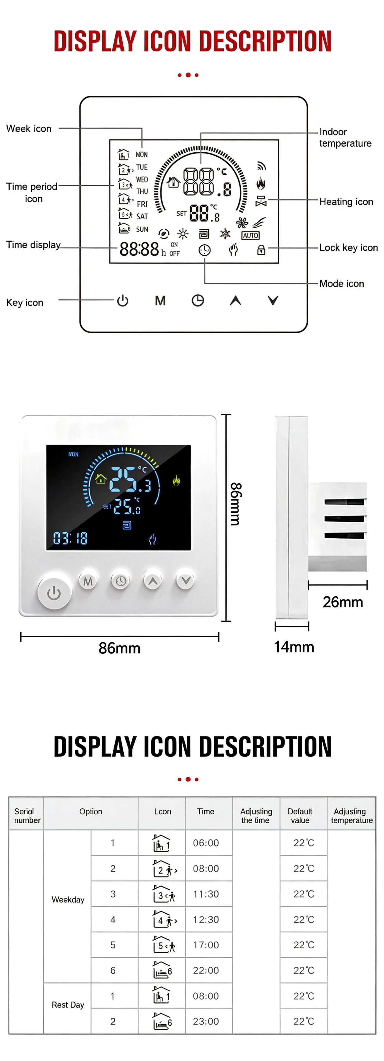 K1M thermostat display icon description, dimensions and weekly timer table