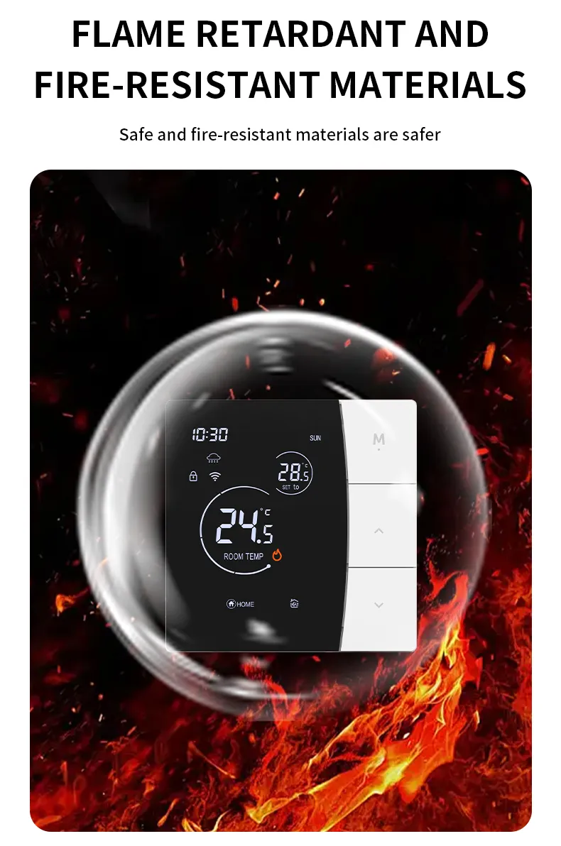 SDM6 ring-display thermostat inside a fireproof bubble demonstrating fire-safe flame-retardant materials