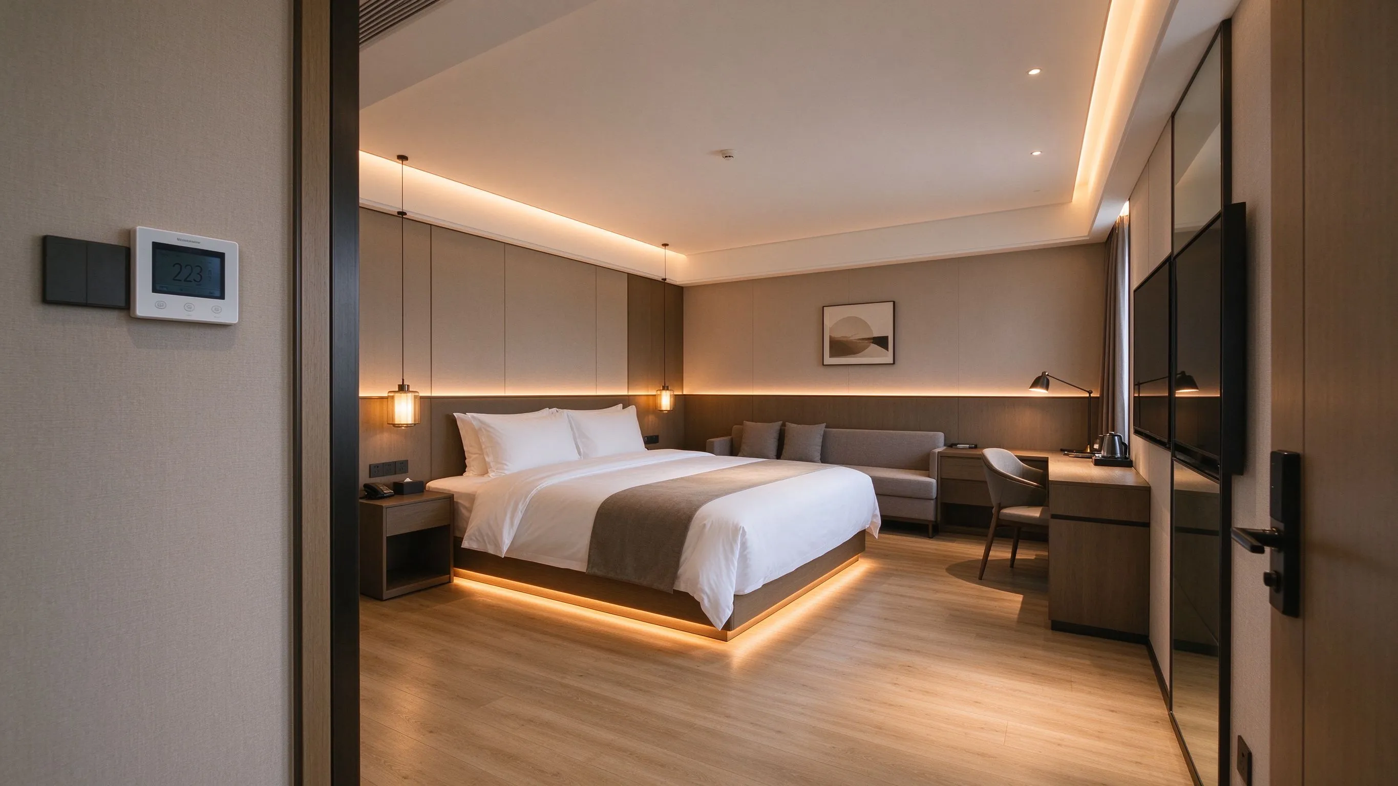 Modern hotel room retrofit with smart thermostat and electric underfloor heating
