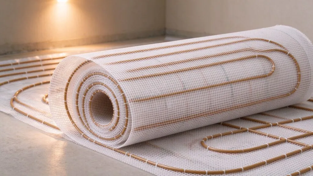 Electric underfloor heating mat roll with fiberglass mesh