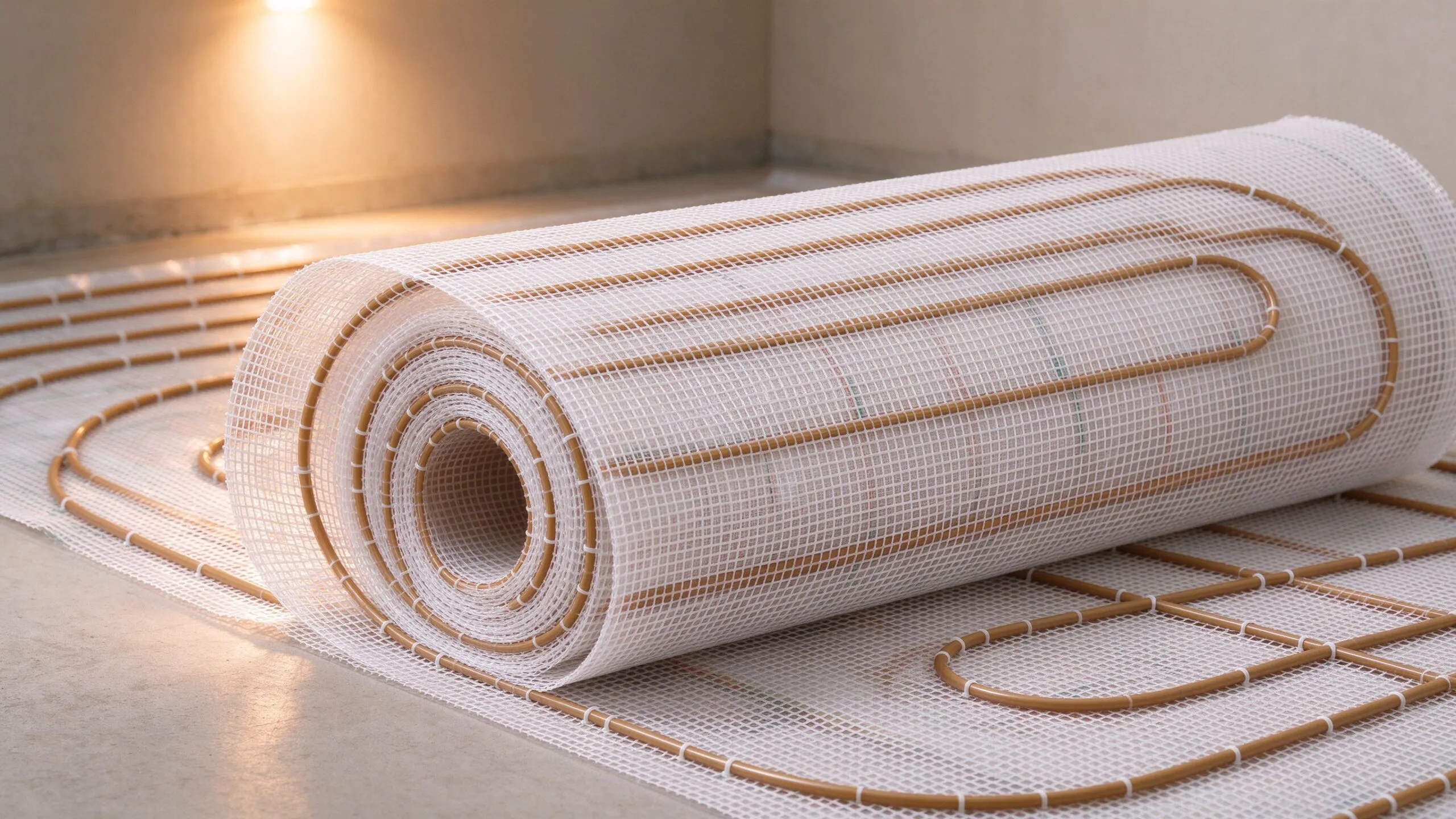 Electric underfloor heating mat roll with fiberglass mesh