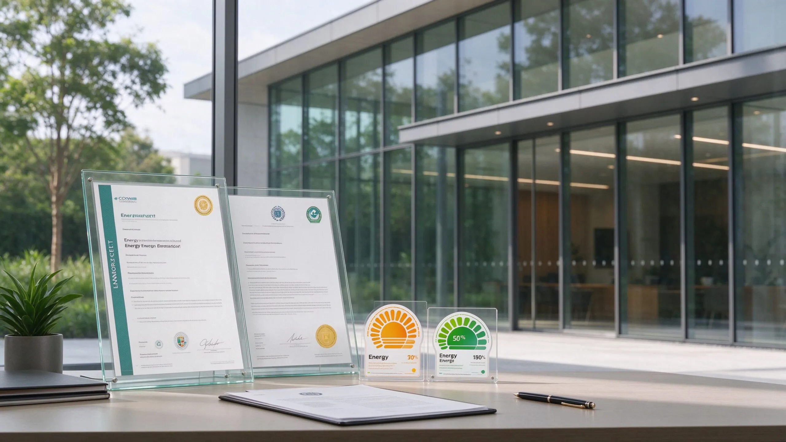 Energy efficiency certification documents with modern building exterior