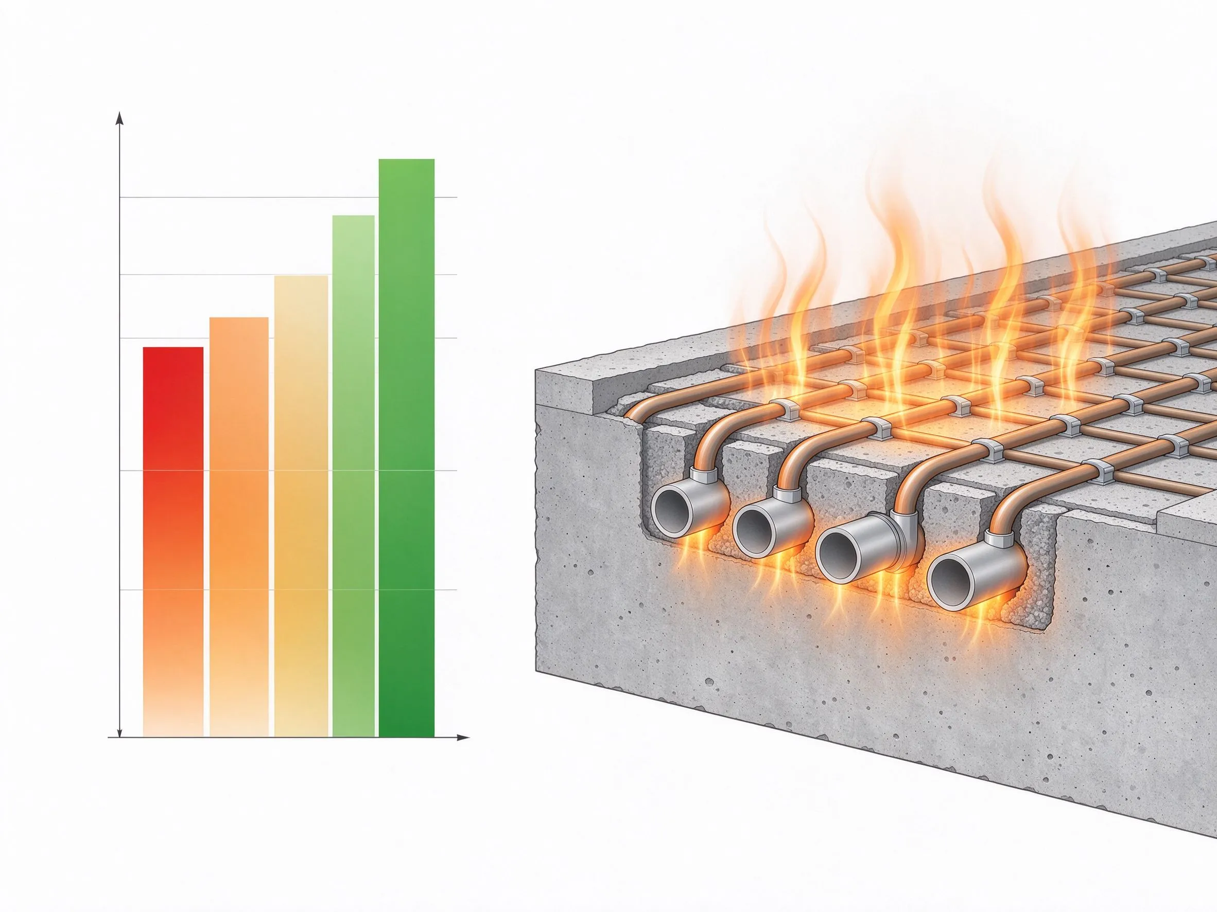 Energy efficiency rating scale with underfloor heating cross-section diagram