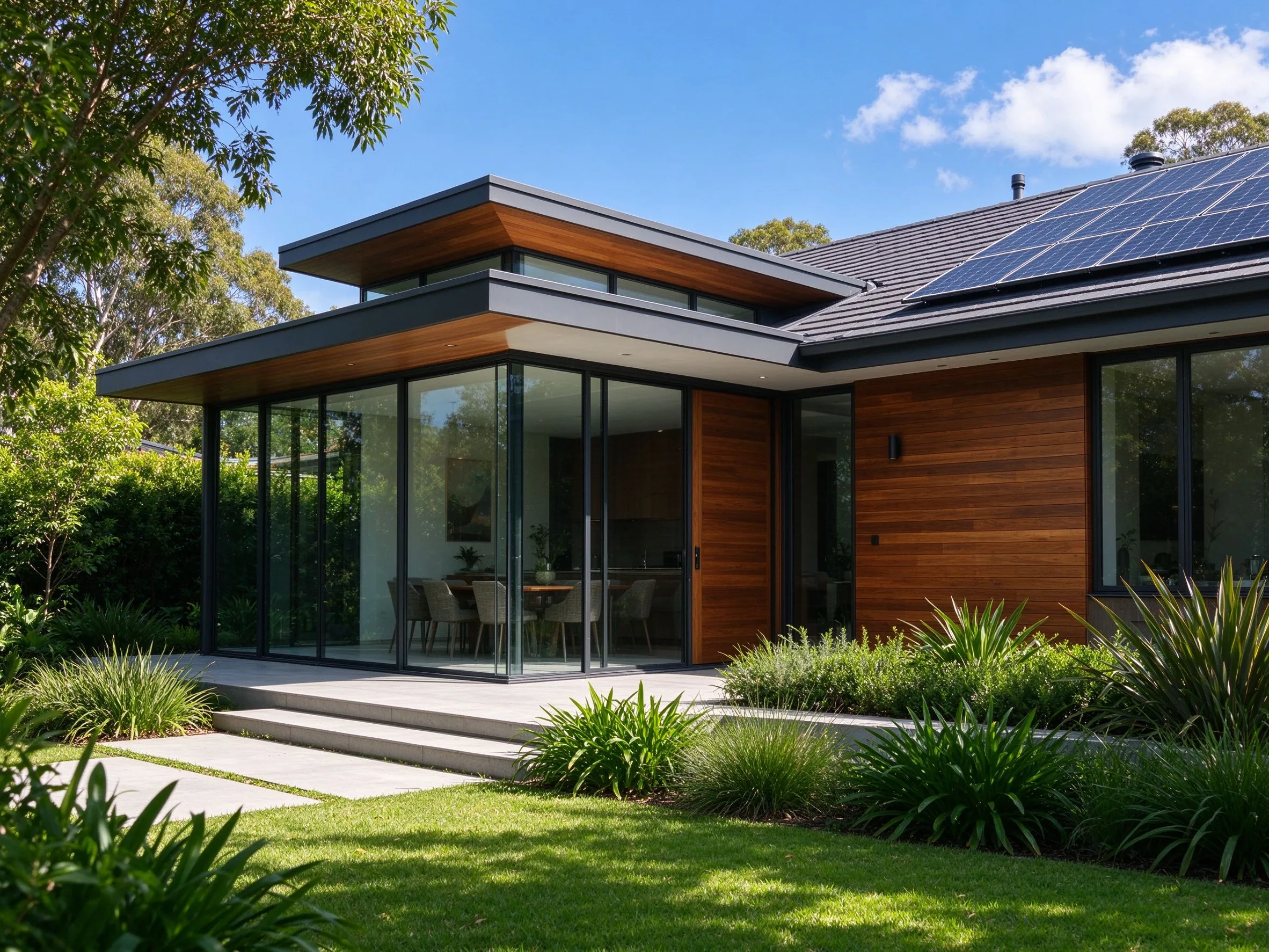 Modern energy-efficient residential building with solar panels
