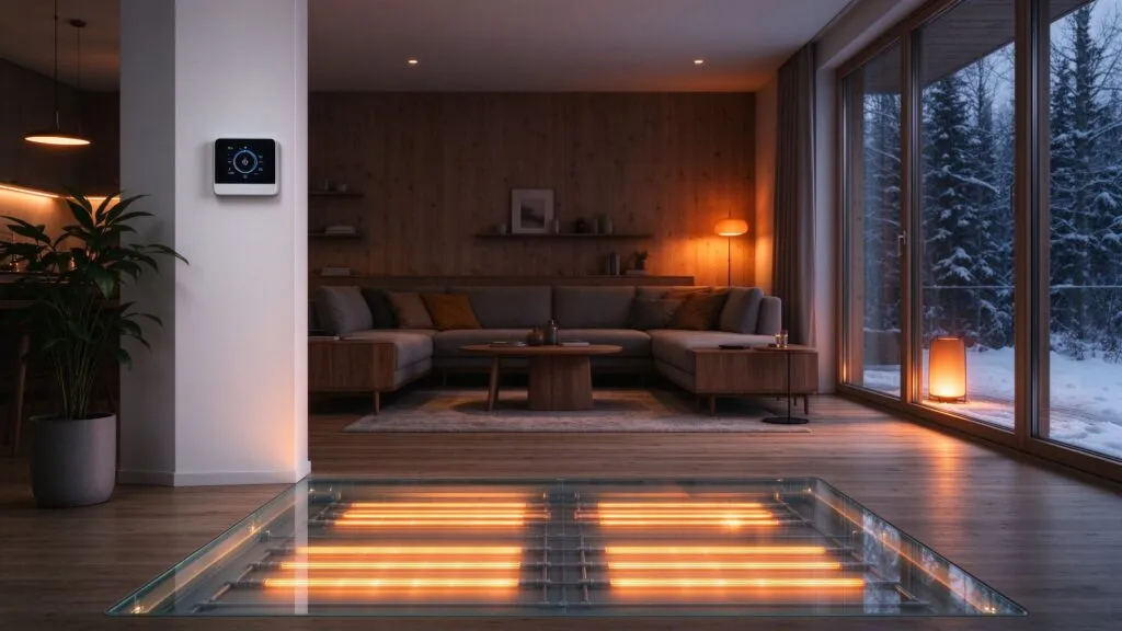 Modern smart home interior with glowing underfloor heating system