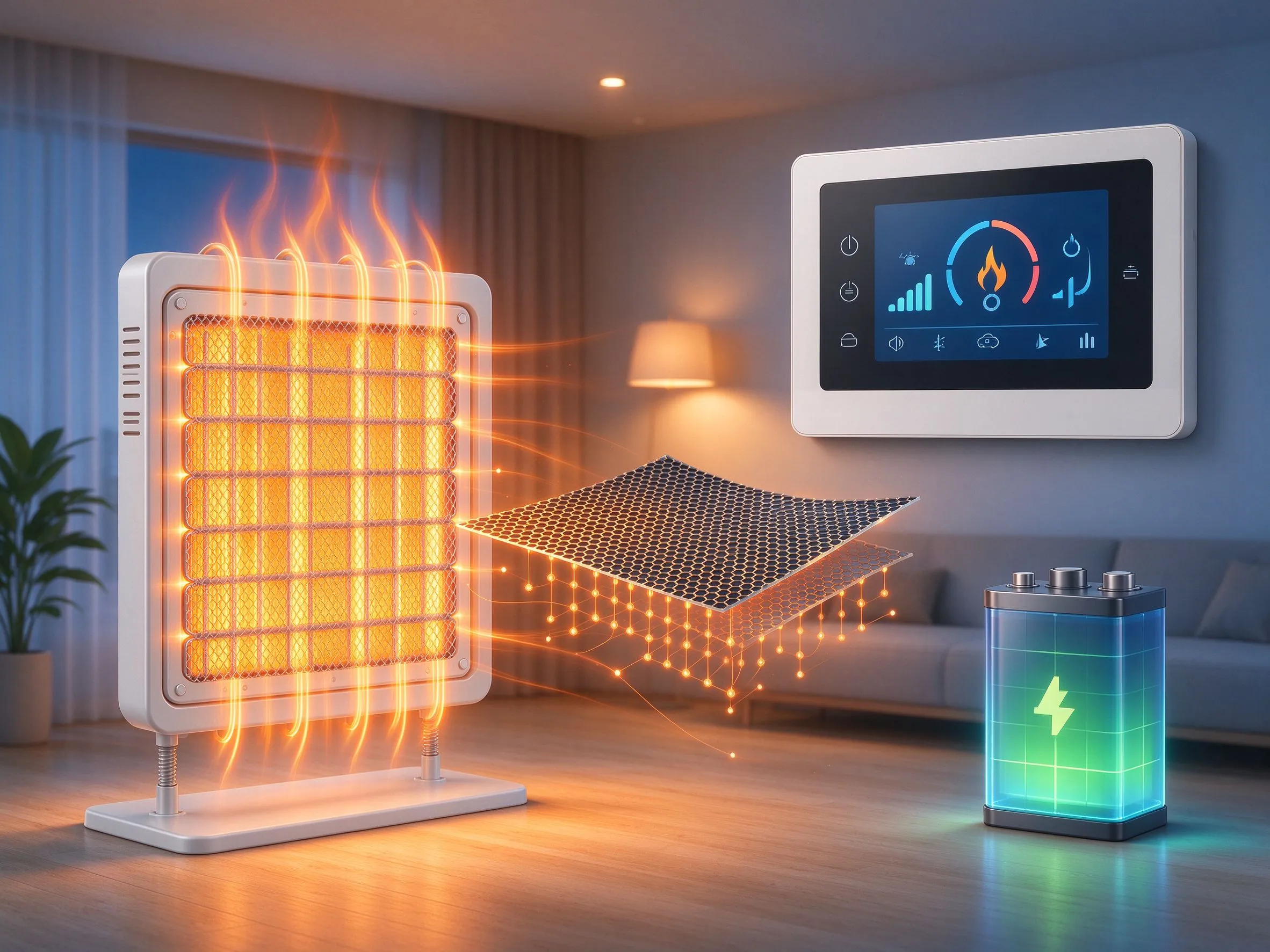 Heating technology trends illustration showing electric, graphene, smart control and energy storage