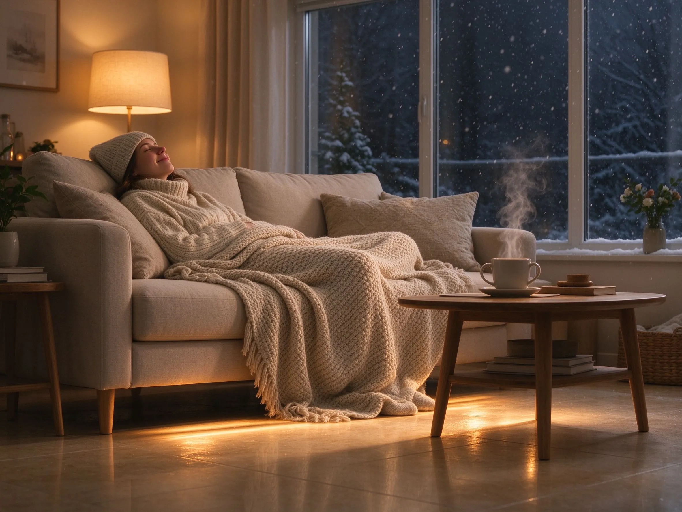 Cozy winter living room with comfortable underfloor heating