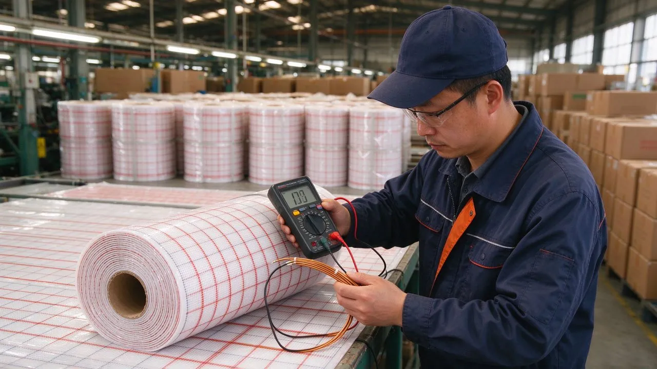 Inspección de calidad en fábrica de rollos de suelo radiante eléctrico