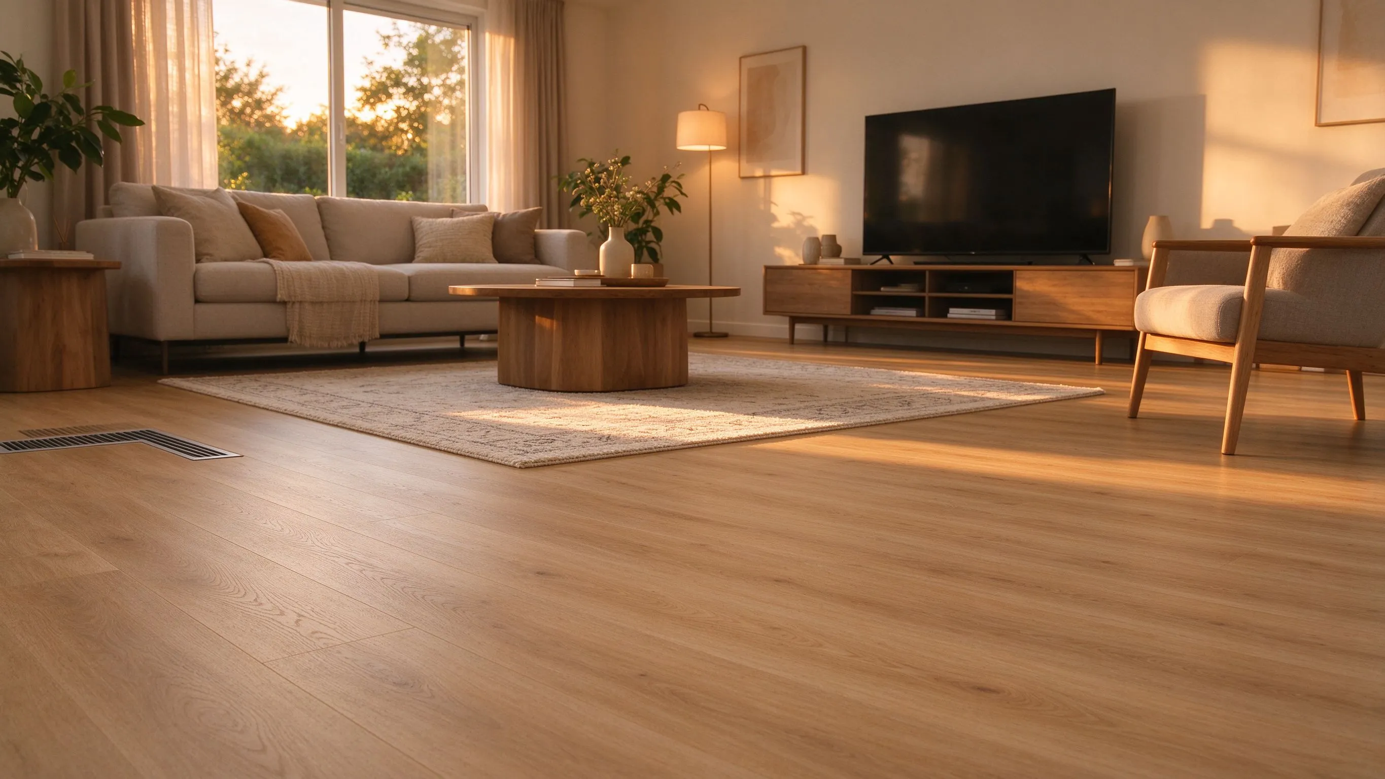 Finished light oak laminate flooring installed over graphene underfloor heating