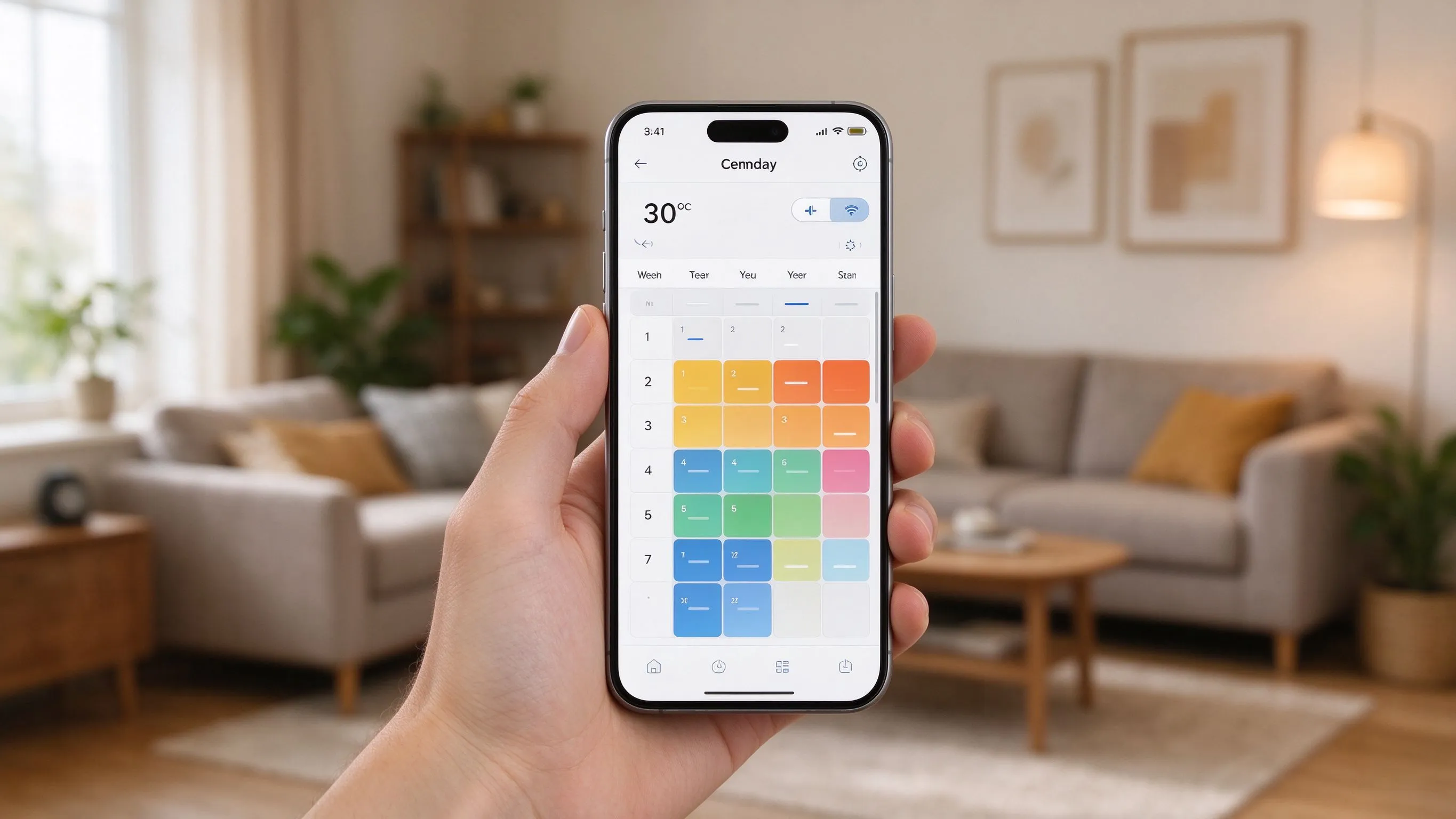 Smartphone app displaying weekly thermostat programming schedule
