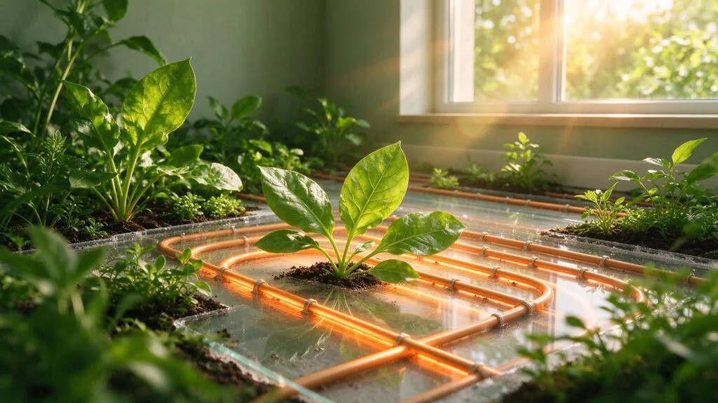 Green eco-friendly underfloor heating with plants and warm pipes