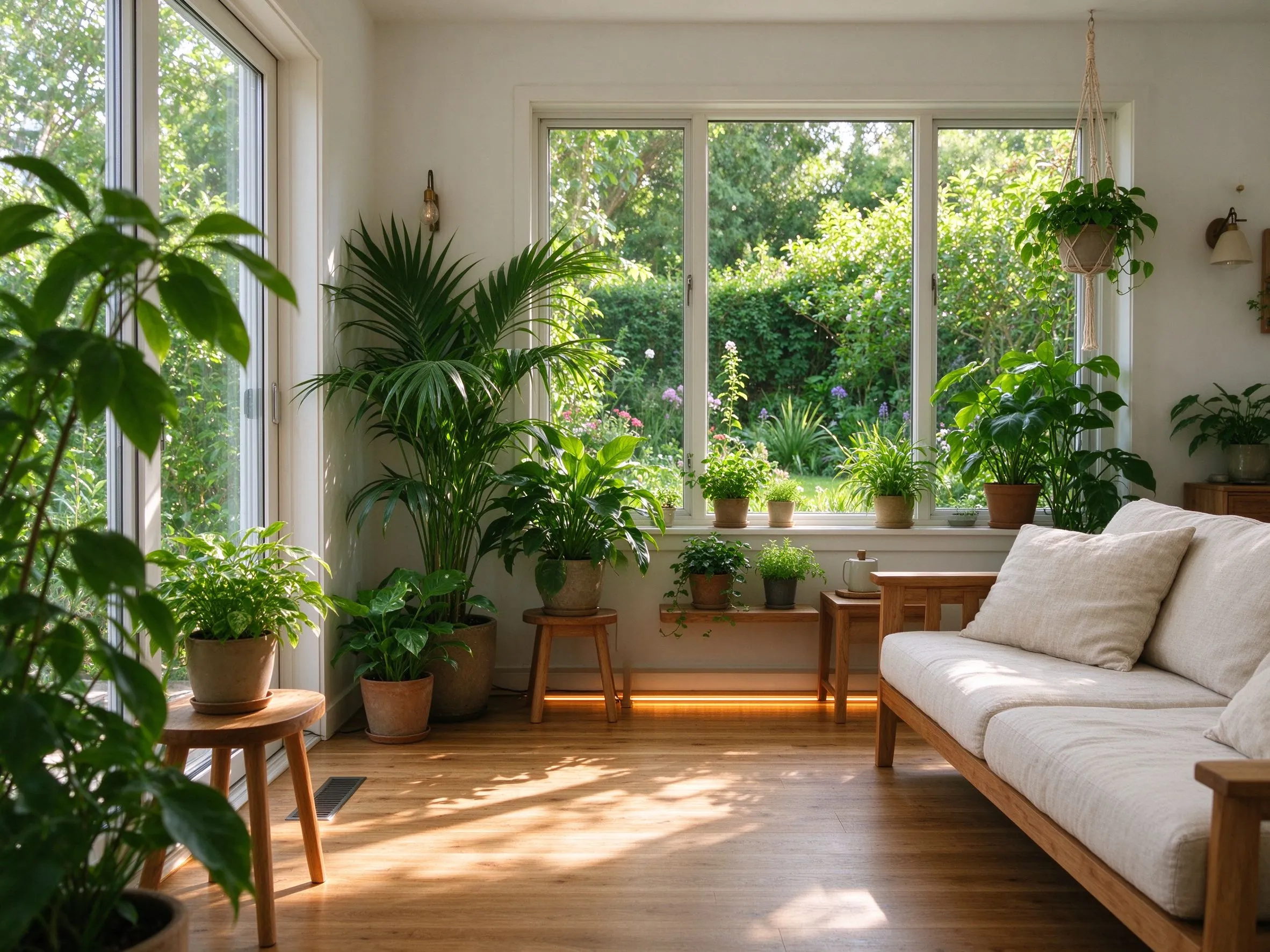 Sustainable green home interior with plants and natural light