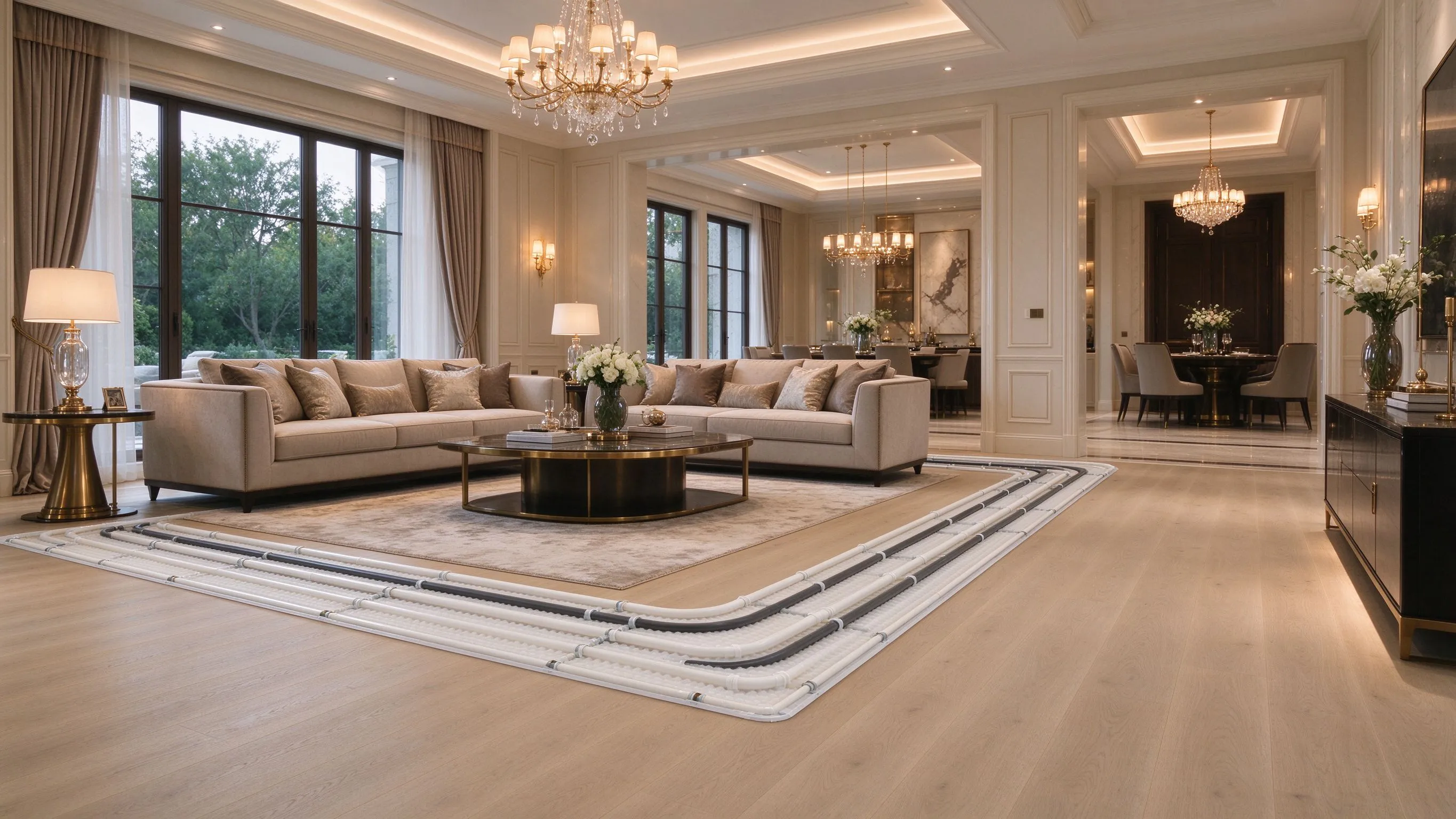 Luxury villa interior prepared for graphene underfloor heating installation