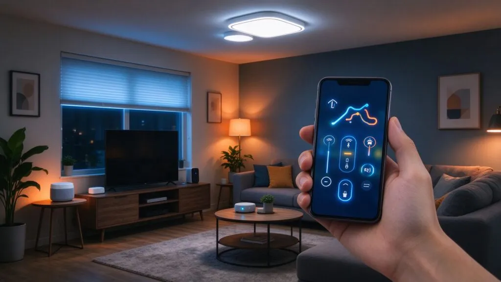 Smart home living room with smartphone controlling underfloor heating