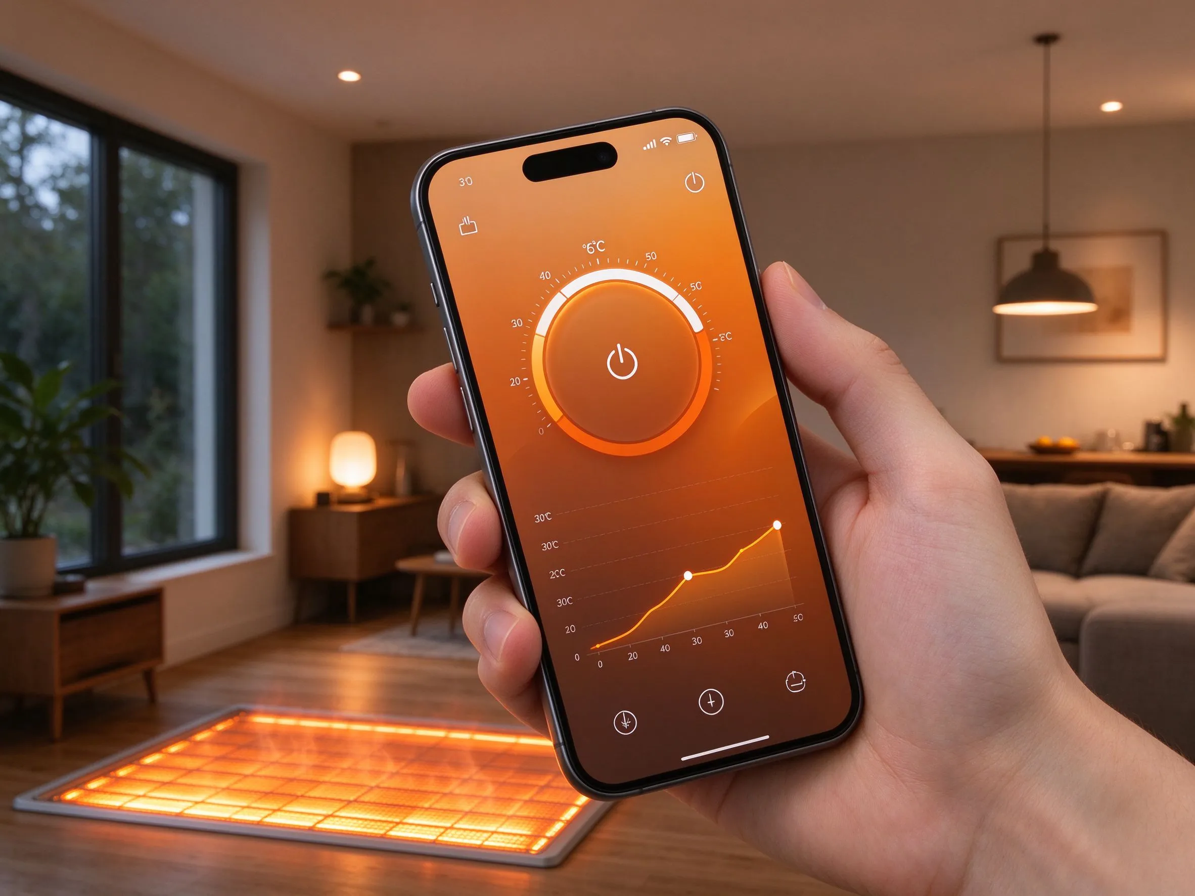 Main tenant un smartphone avec interface de contrôle de chauffage