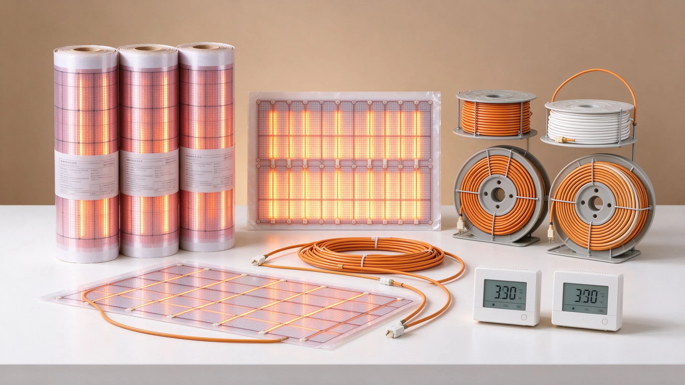 Gamme complète de produits : film chauffant, tapis, câbles et thermostats intelligents