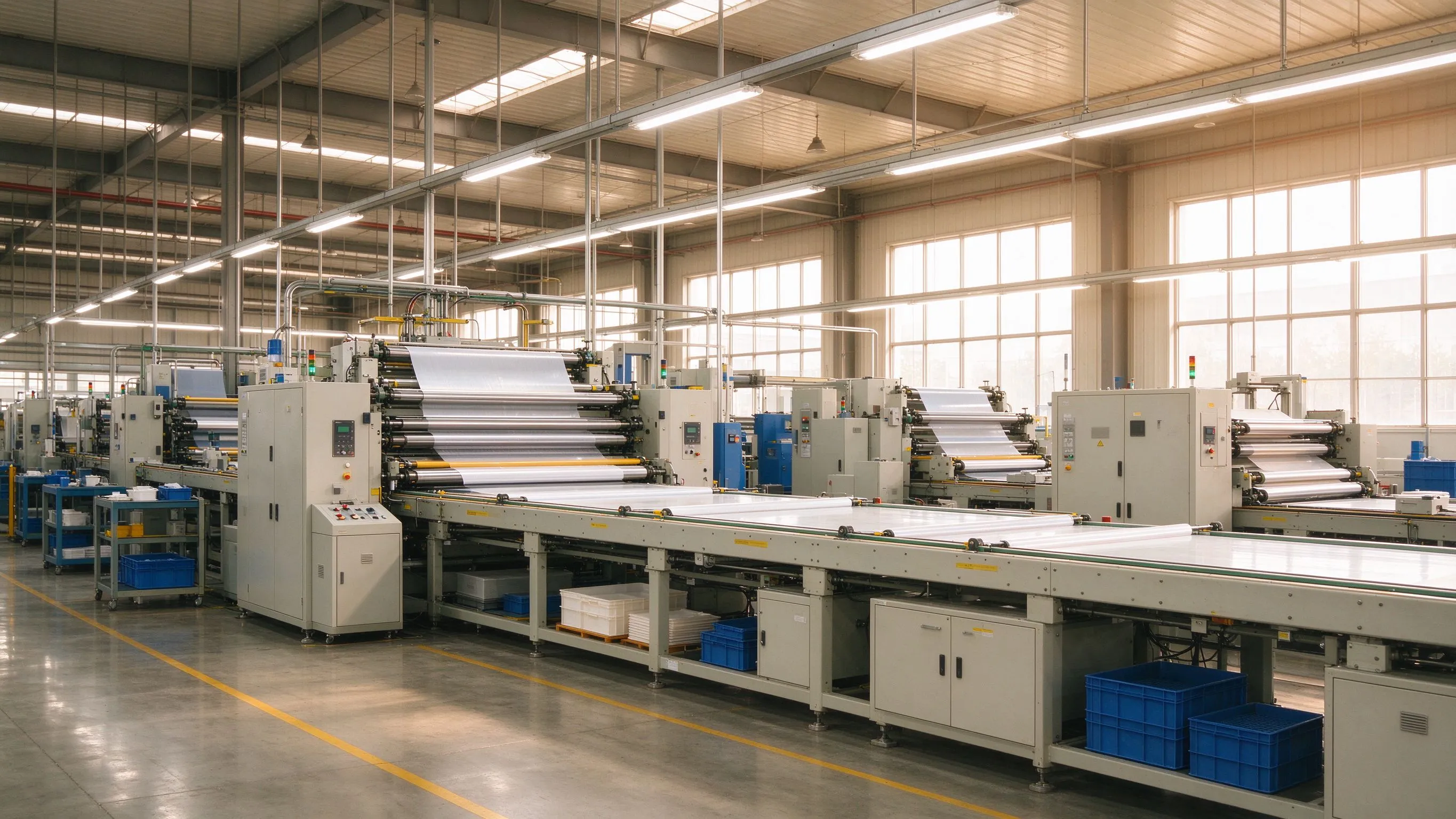 SunAura heating element factory floor with production lines and warehouse