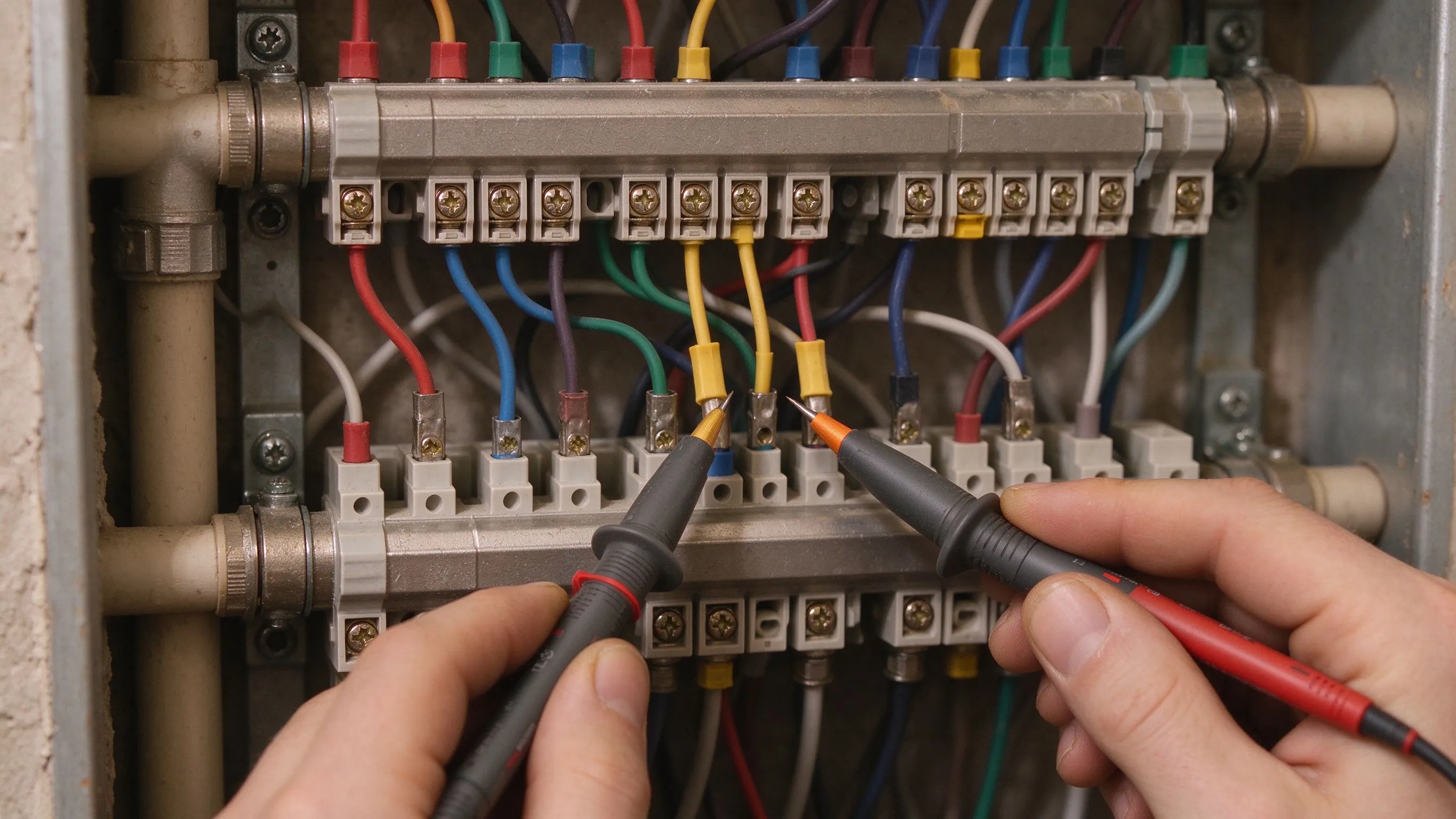 Bornes de câblage électrique et inspection du collecteur avec sondes de multimètre