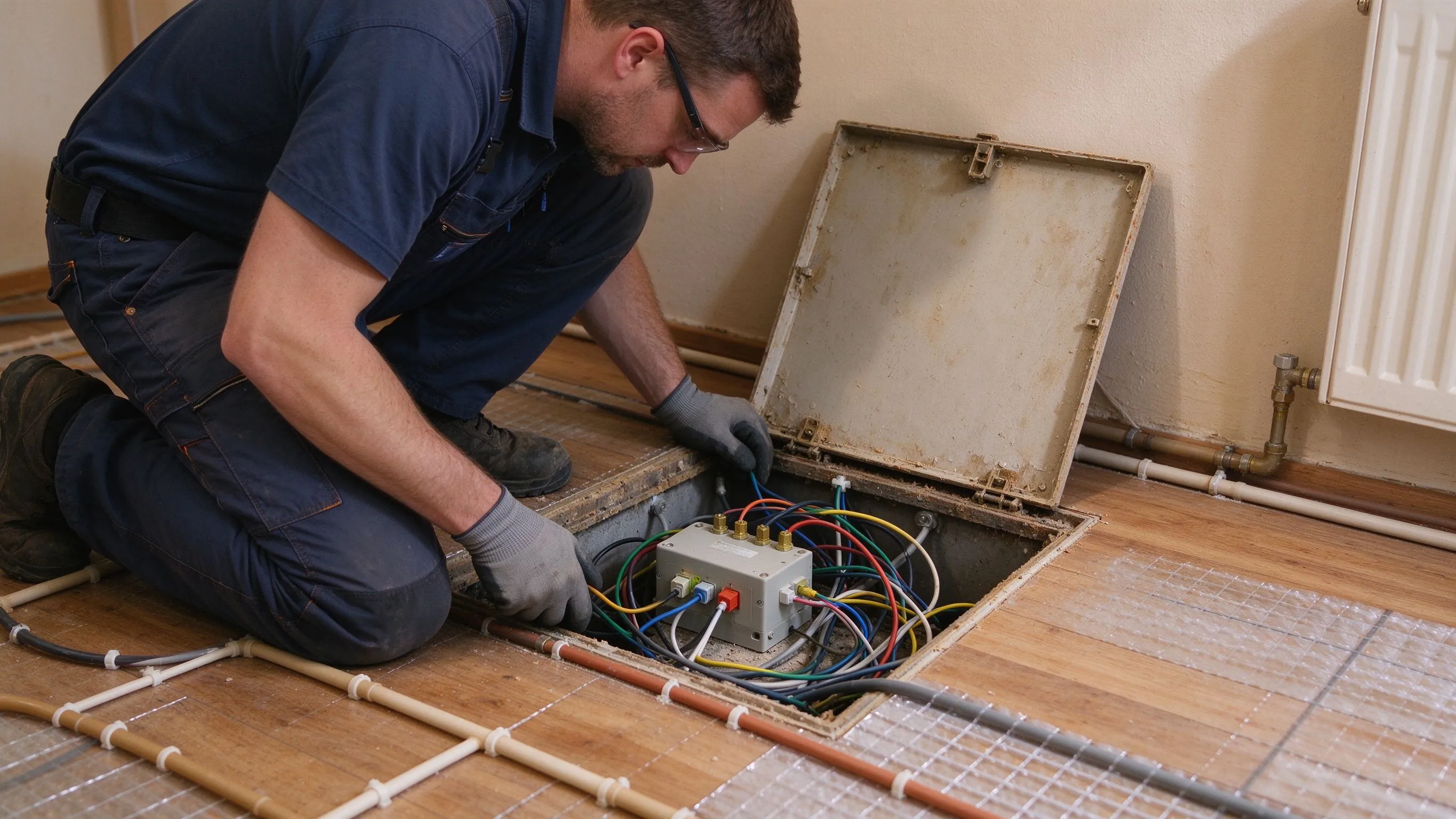 Technician inspecting underfloor heating wiring through floor access panel