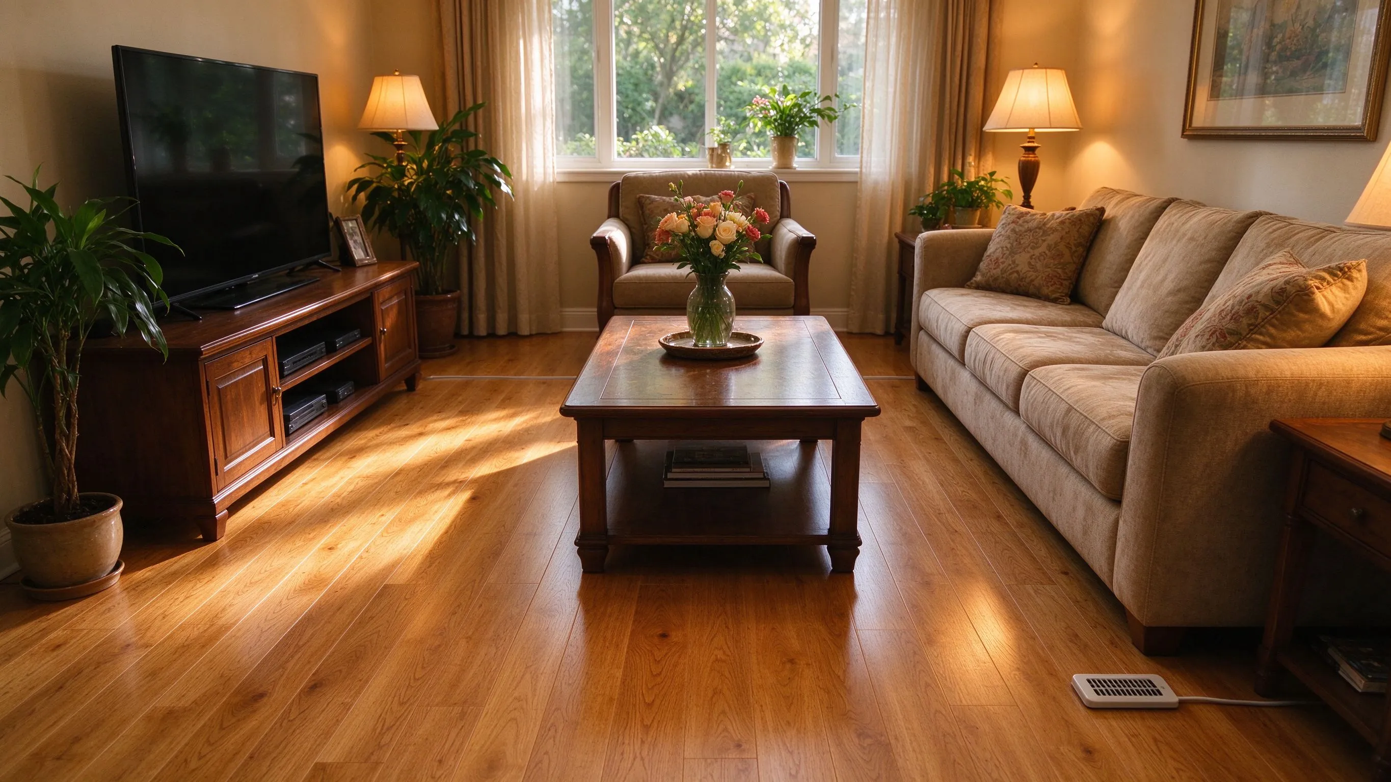 Well-maintained living room with pristine floor after years of underfloor heating use