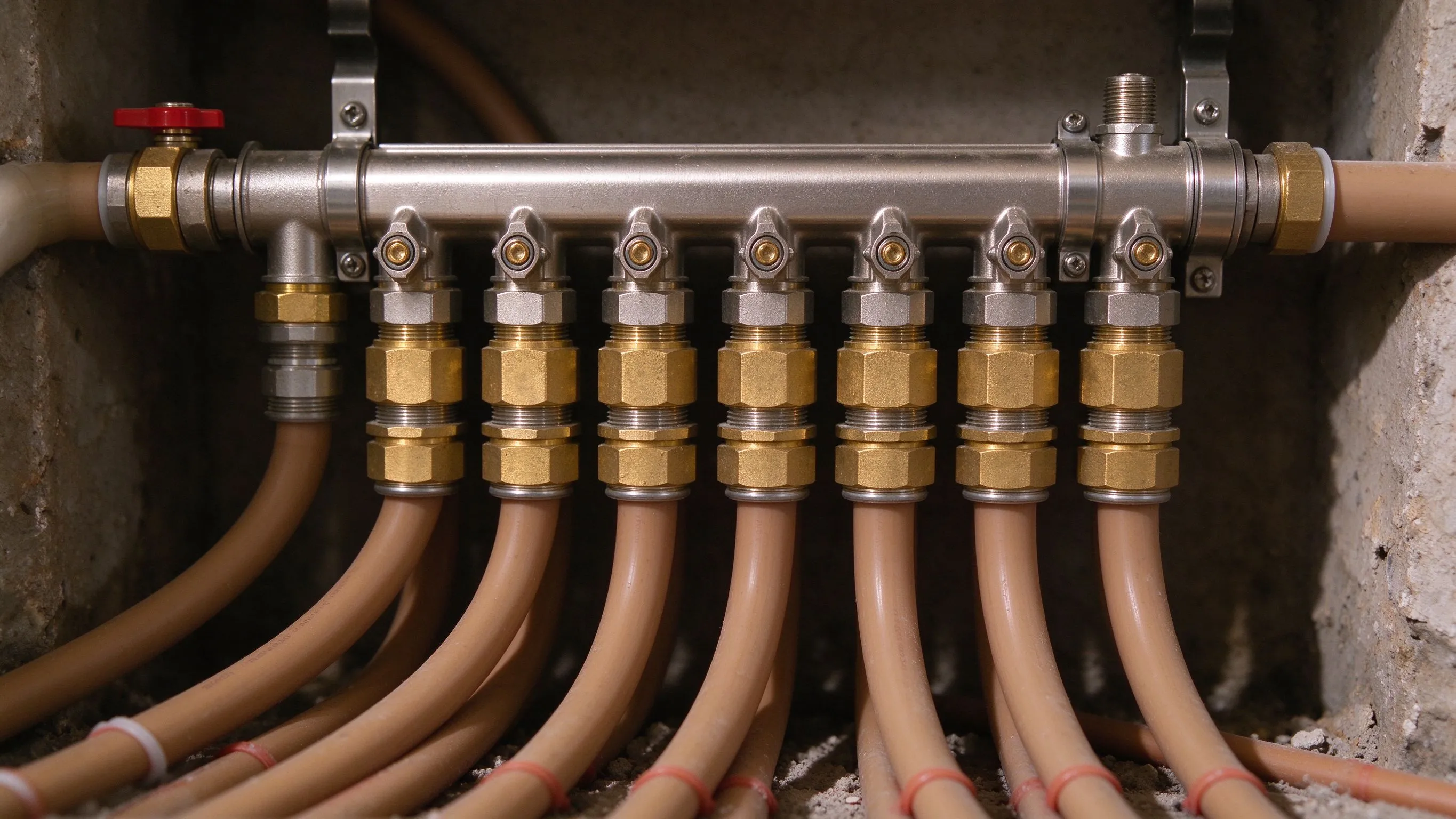 Raccordement du collecteur aux tubes PEX de chauffage au sol
