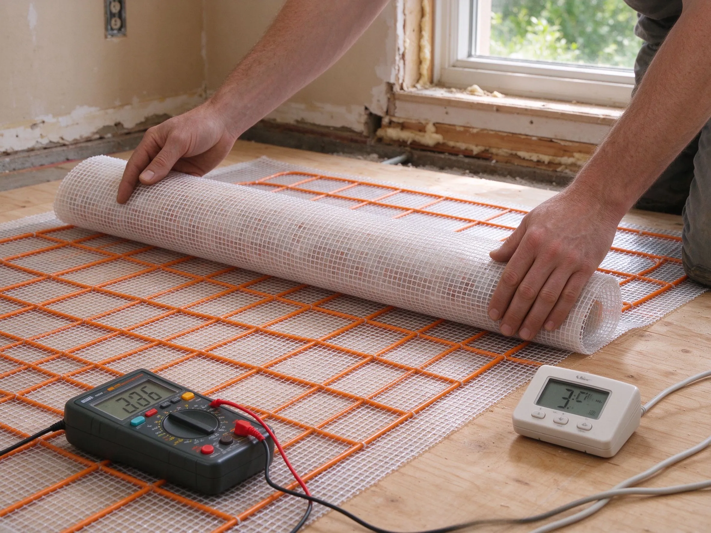 Elektrische verwarmingsmatinstallatie onder tegel tijdens een woningrenovatie in Canada