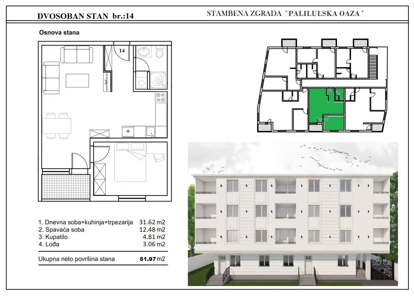 Palilulska Oaza apartment 14 floor plan with room net areas for electric floor heating