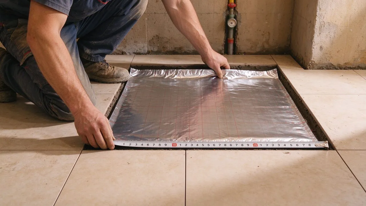 Installeren van aluminiumfolie verwarmingsmat in tegelvloer uitsparing