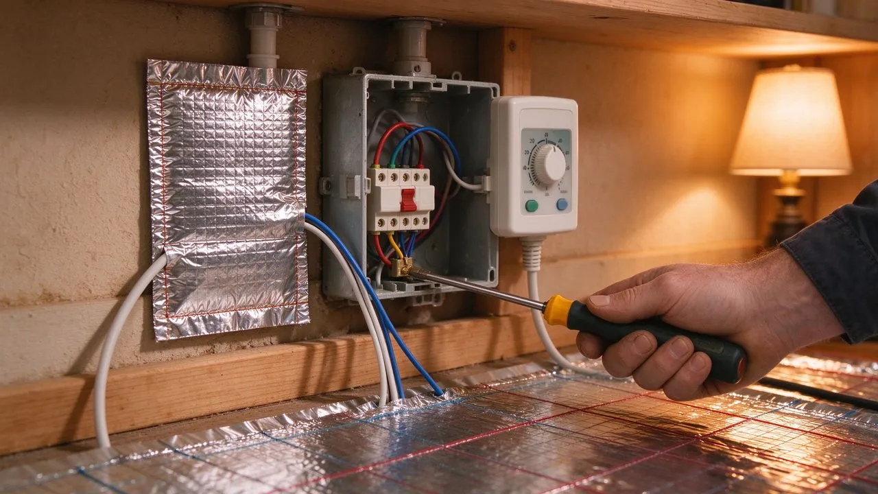 Bedrading van aluminiumfolie verwarmingsmat koude leiding naar thermostaat lasdoos