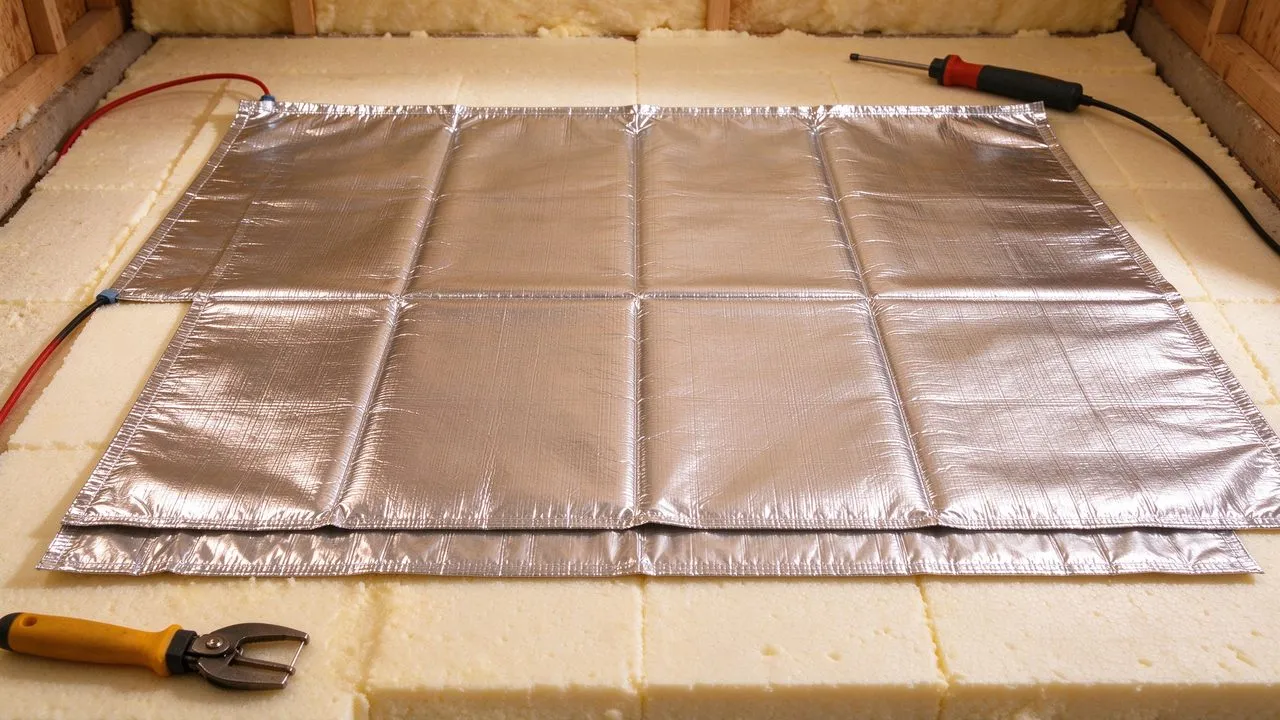 Aluminiumfolie verwarmingsmat gelegd op isolatieplaat
