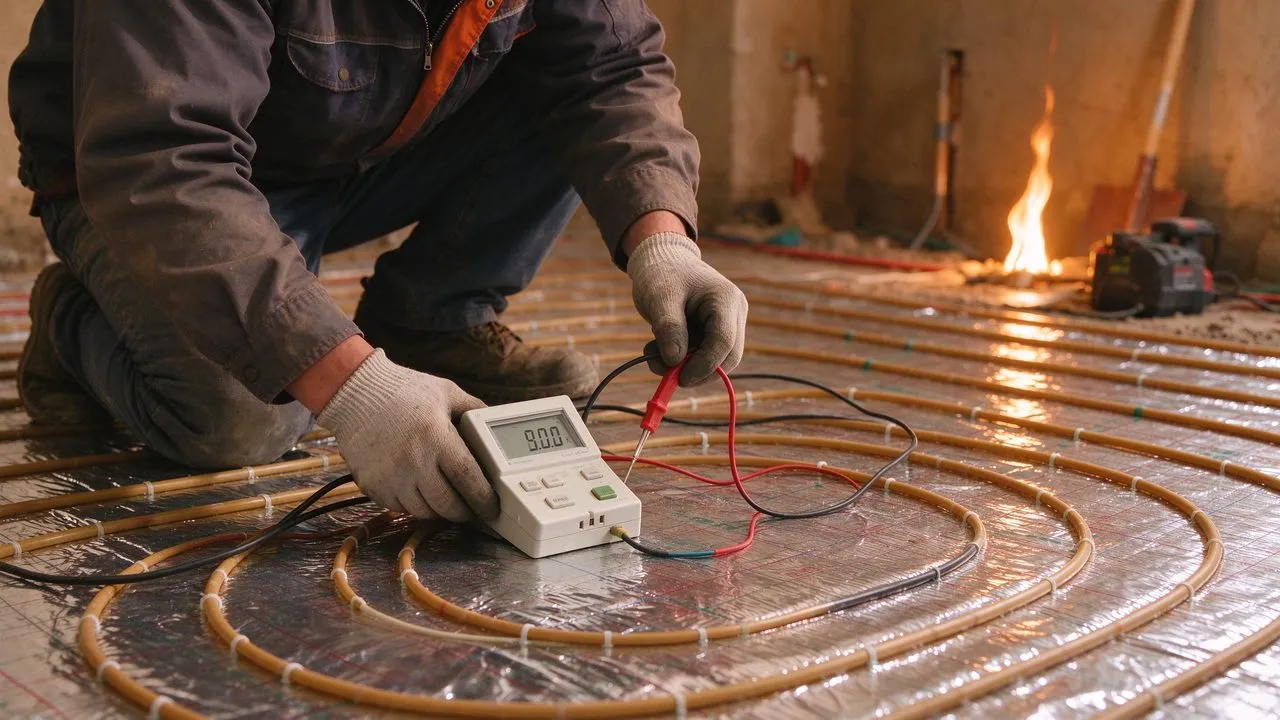 Elektricien die aluminiumfolie mat weerstand test met multimeter