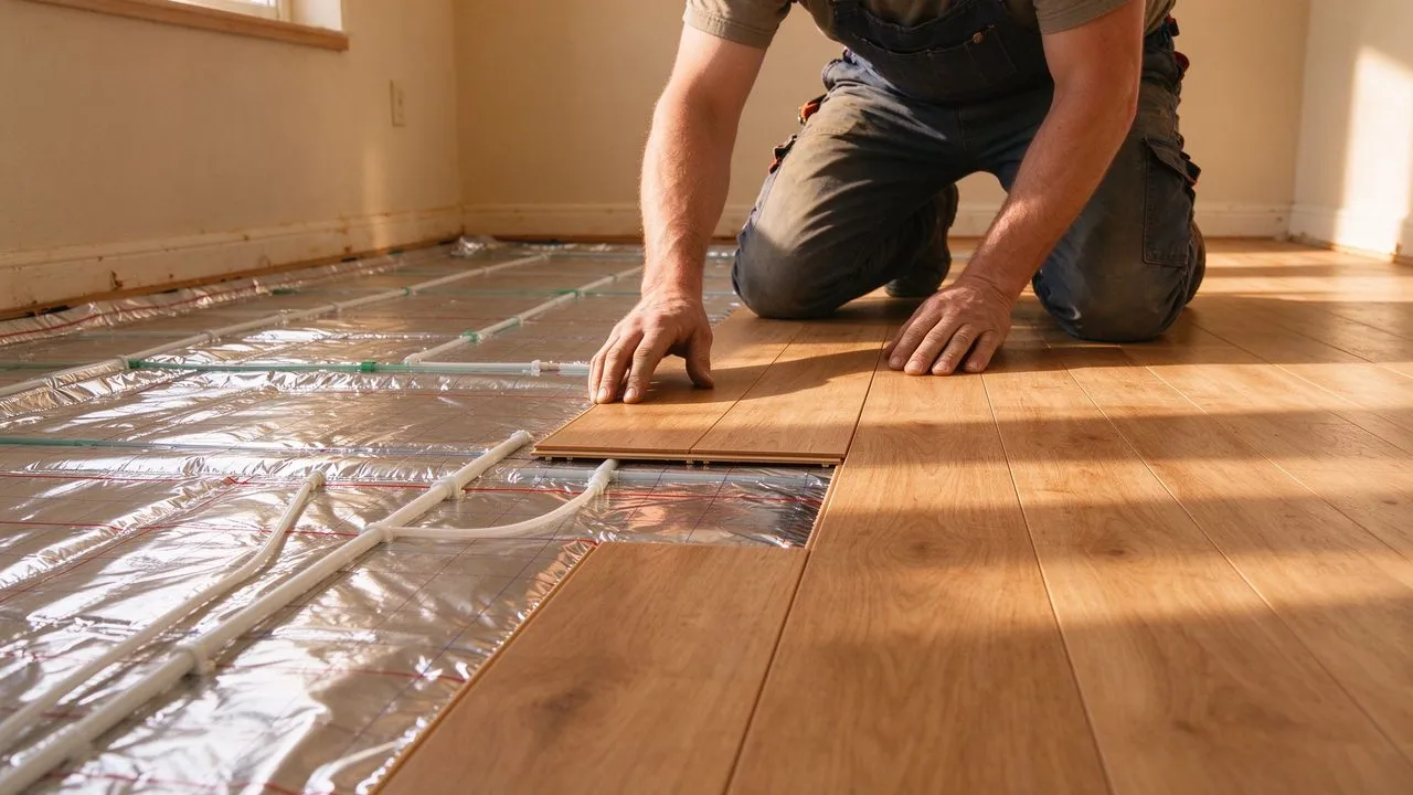 Houten vloer gelegd over aluminiumfolie verwarmingsmat na installatie