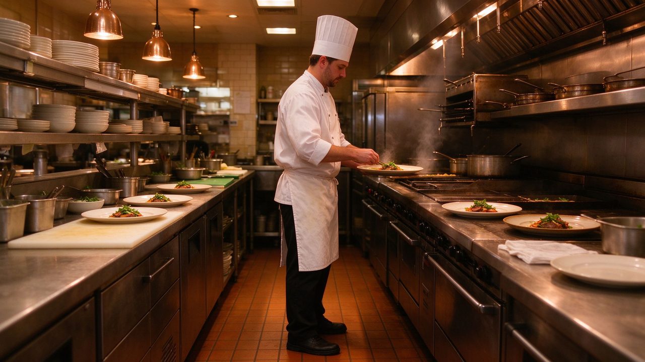 Chef working in a warm restaurant kitchen