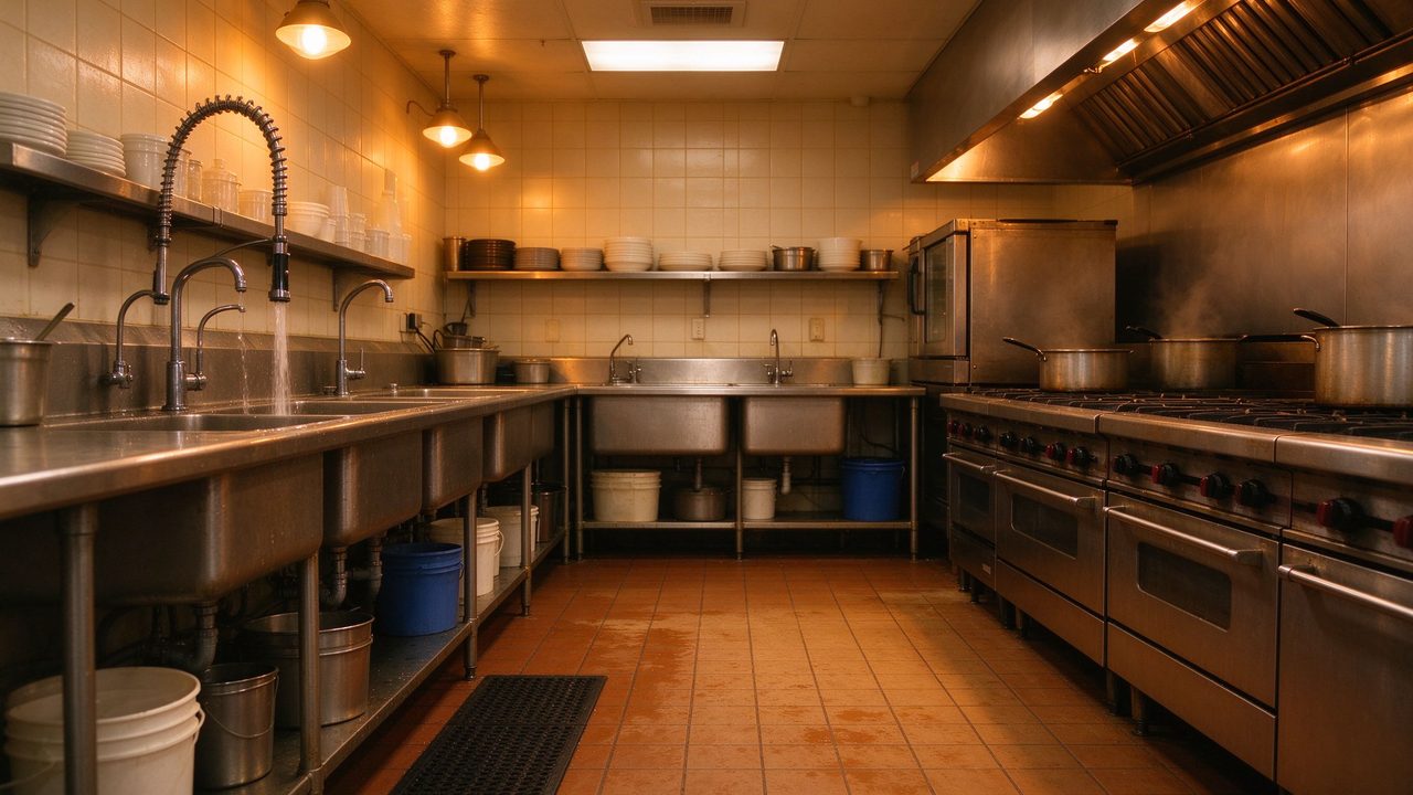 Washdown area with warm dry tiled floor in commercial kitchen