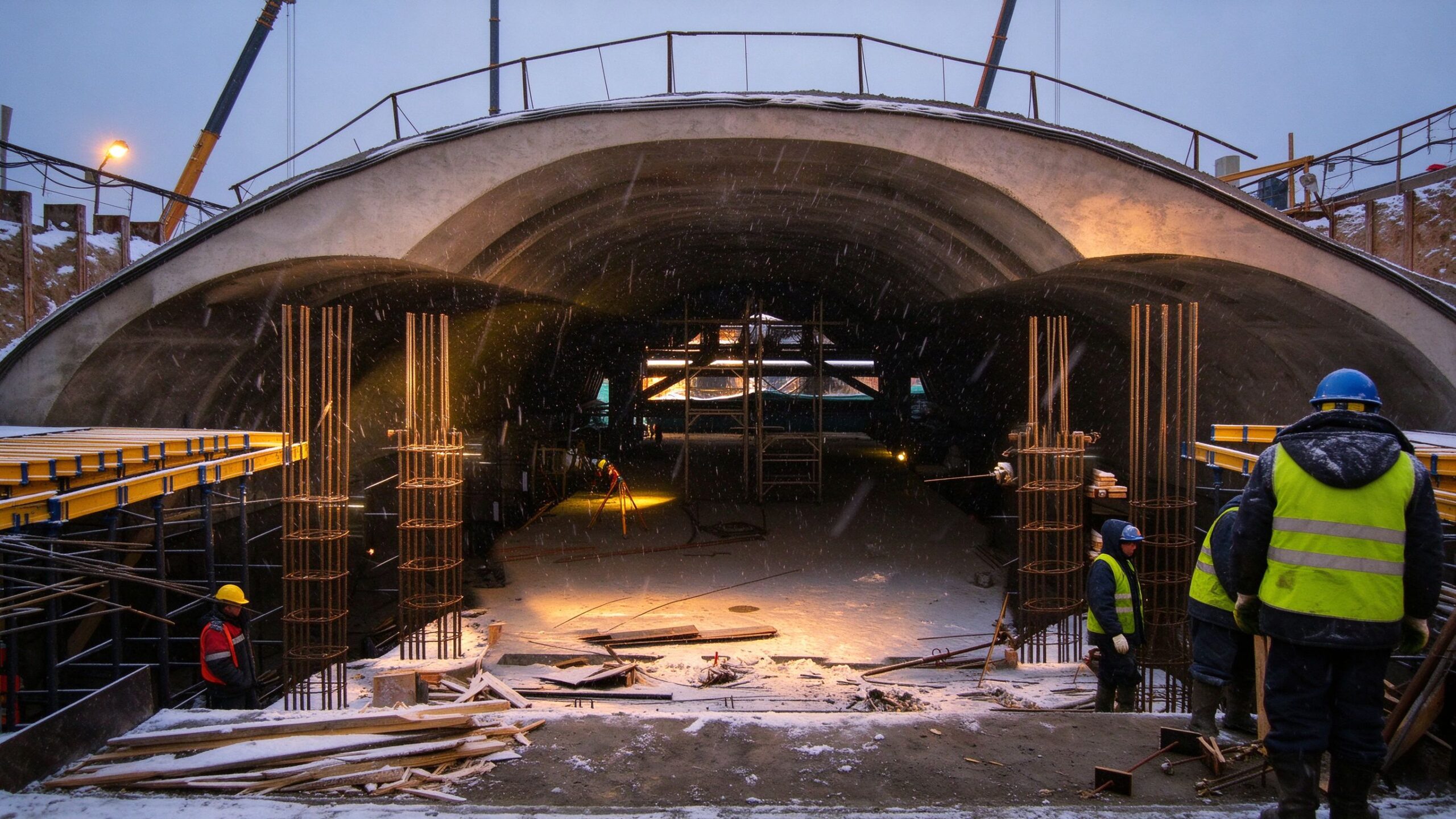 Winter concrete pour site with formwork and curing preparations