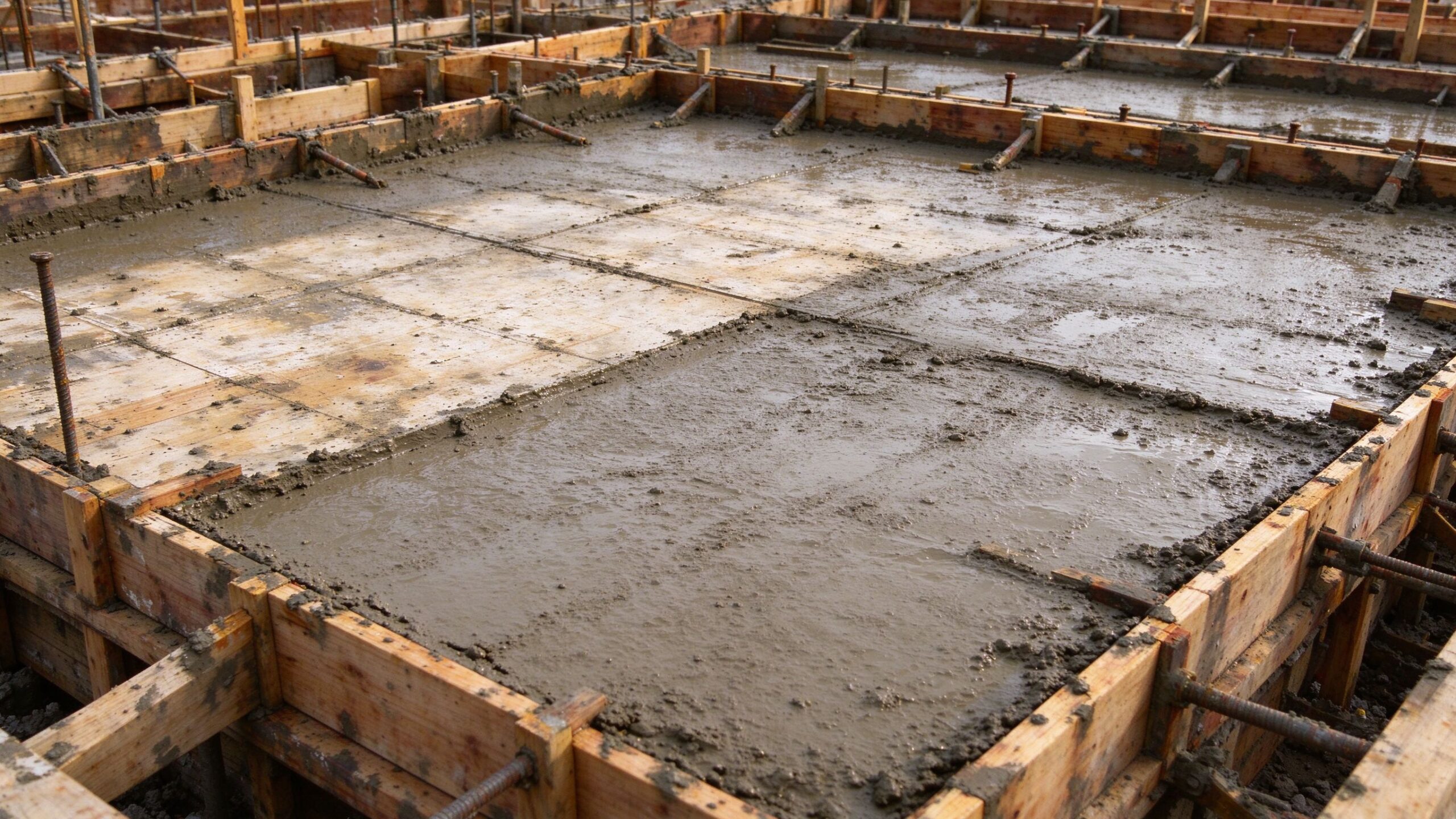 Concrete formwork and wet concrete surface during cold weather pour