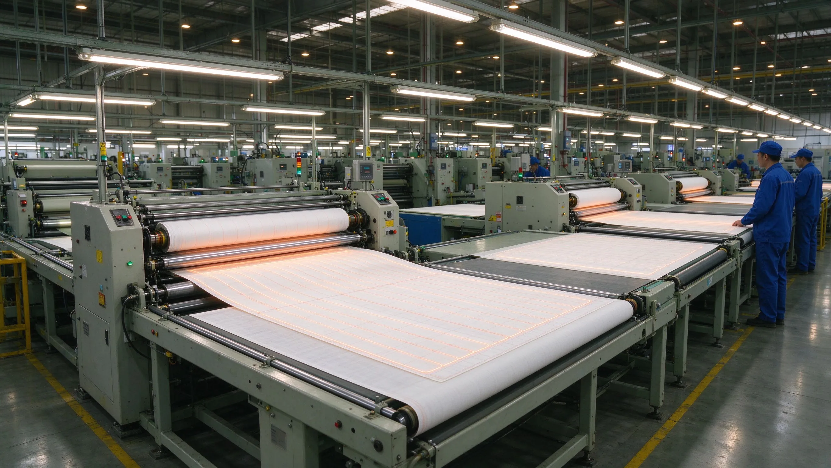 Moderne automatisierte Heizmatten-Produktionslinie in sauberer Fabrikhalle mit warmer Industriebeleuchtung