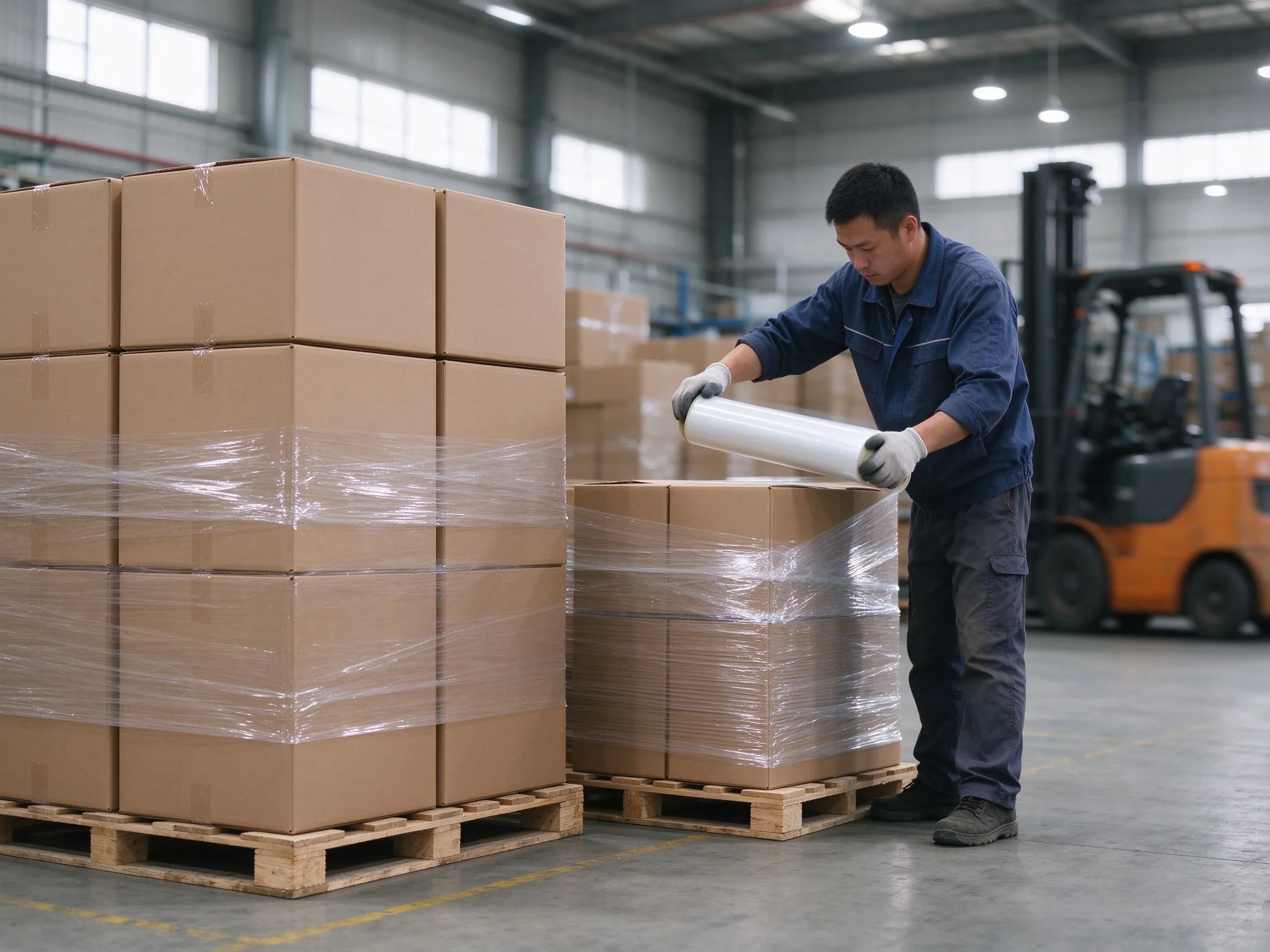 Verpackungsbereich im Lager mit gestapelten Kartons auf Paletten und einem Arbeiter, der Ware mit Stretchfolie umwickelt