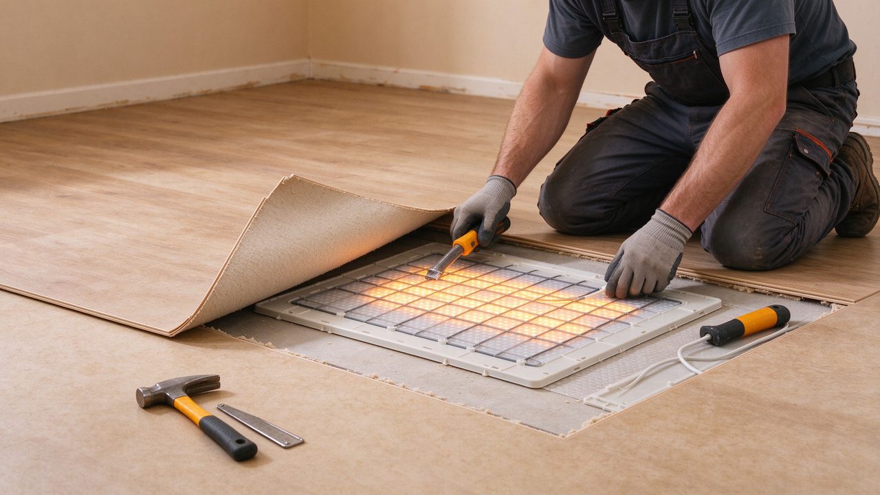 Handwerker verlegt eine elektrische Heizmatte unter angehobenem Vinylboden