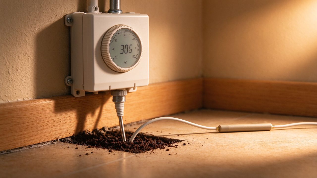 Thermostat mit Bodentemperaturfühler an der Wandcke installiert